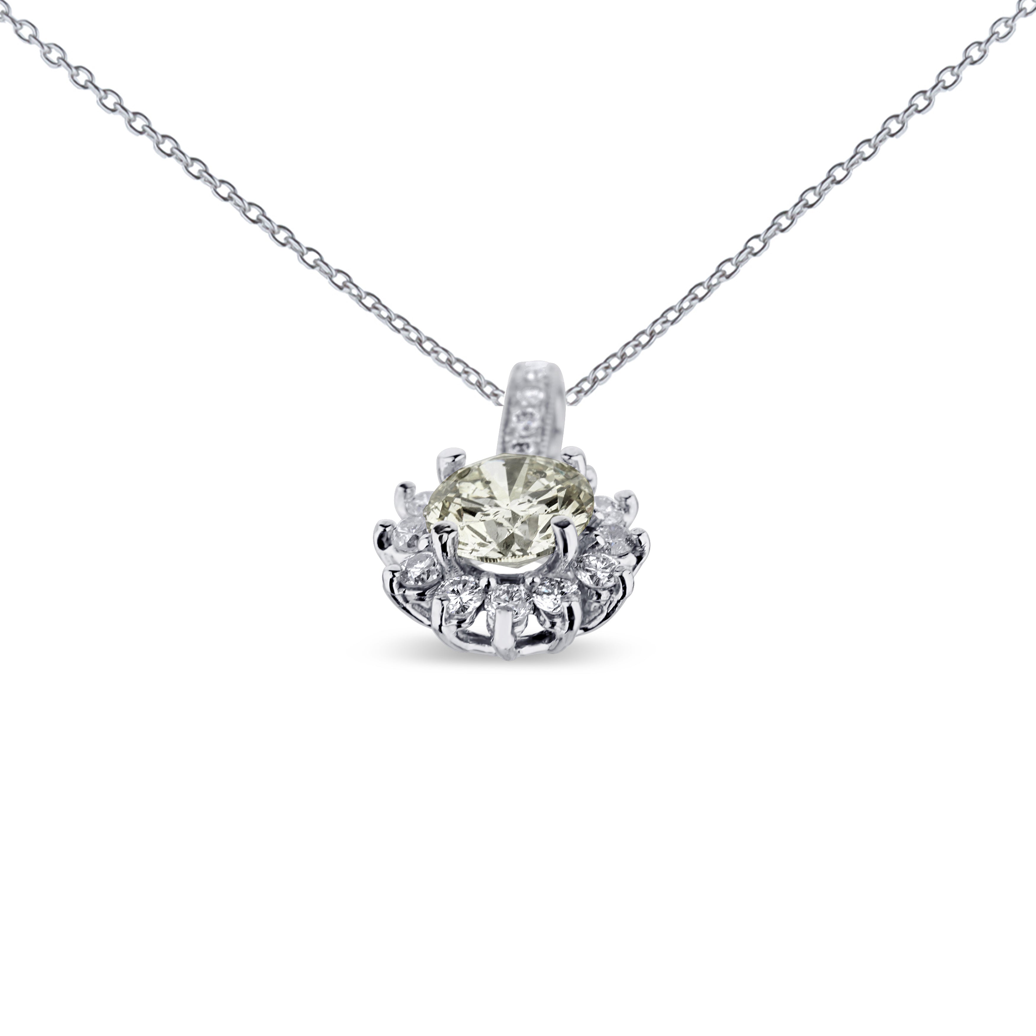 14K White Gold Diamond Starburst Milgrain Pendant Necklace