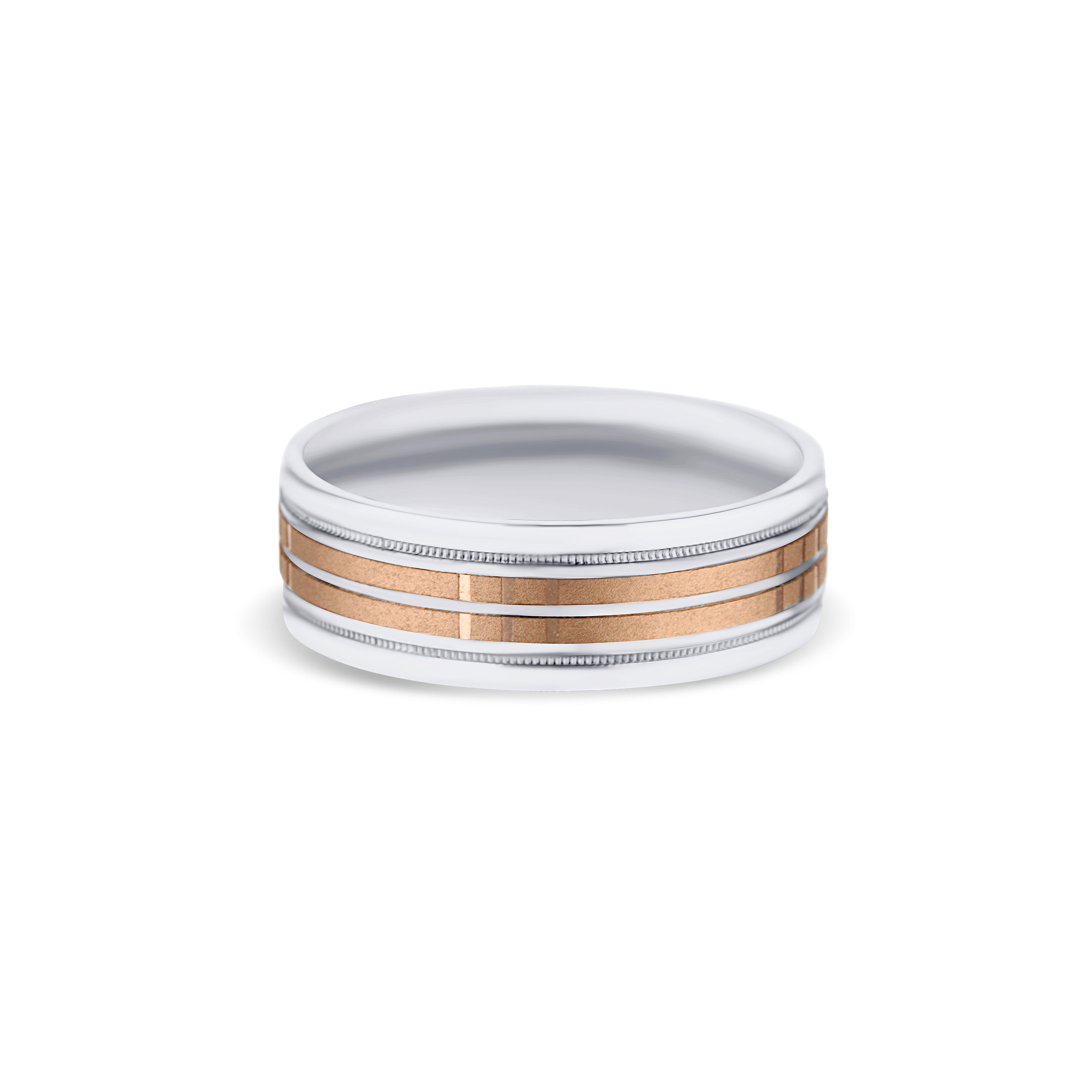 14K White Gold and 14K Rose Gold Carved Round Edge Wedding Band 7mm