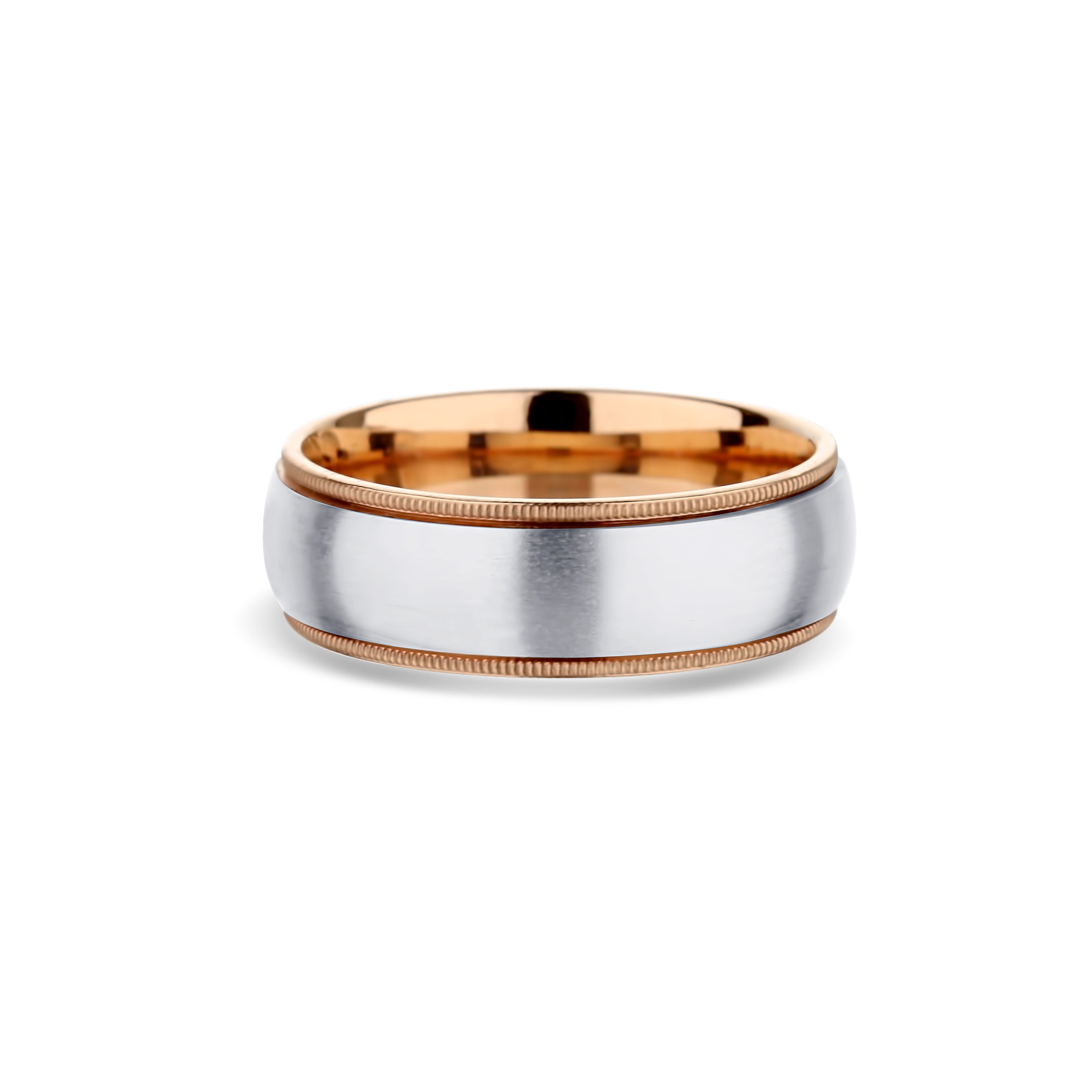 14K Rose Gold and 14K White Gold Round Edge Low Dome Wedding Band 7mm