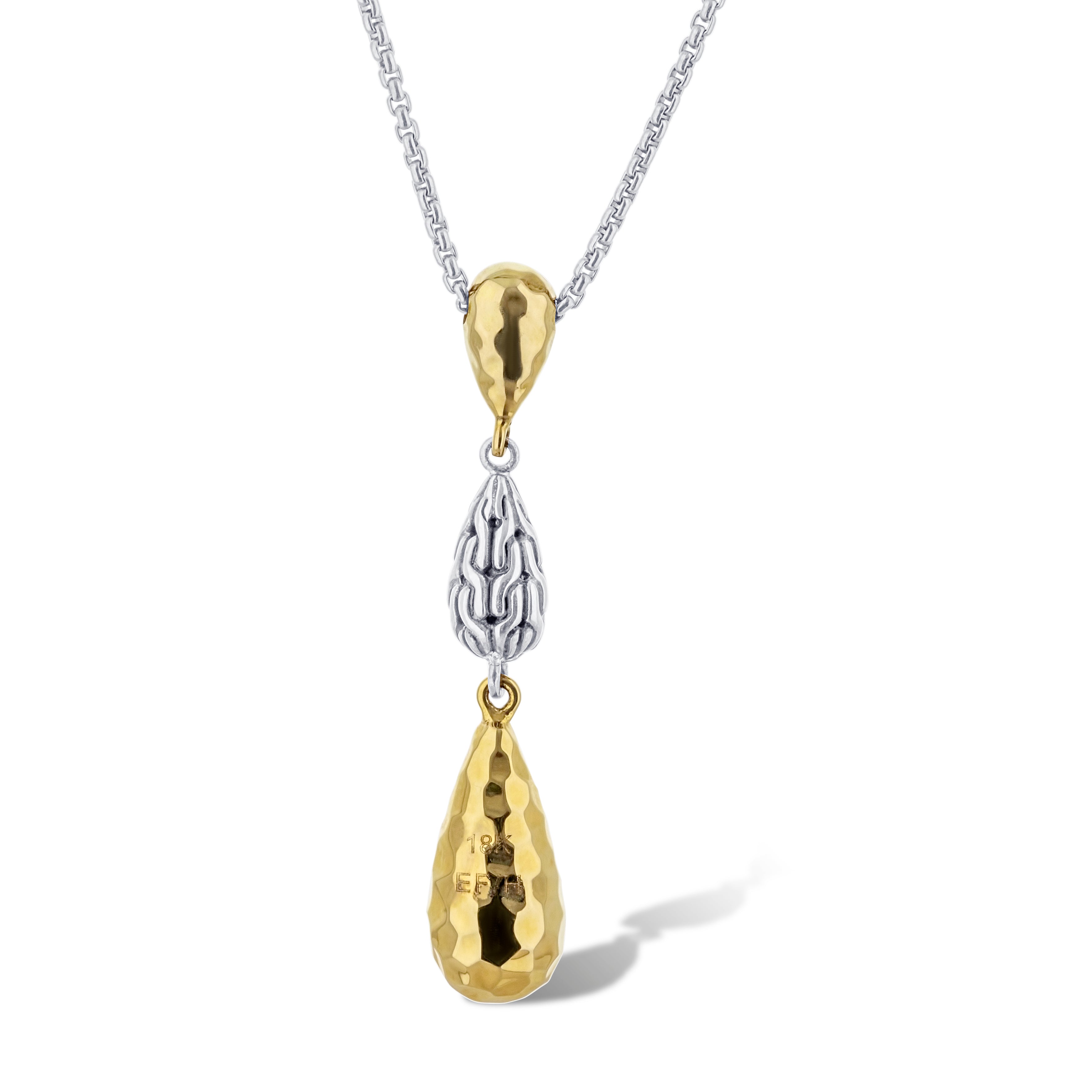 Silver & 18K Yellow Gold Classic Hammered Pendant with Chain Necklace