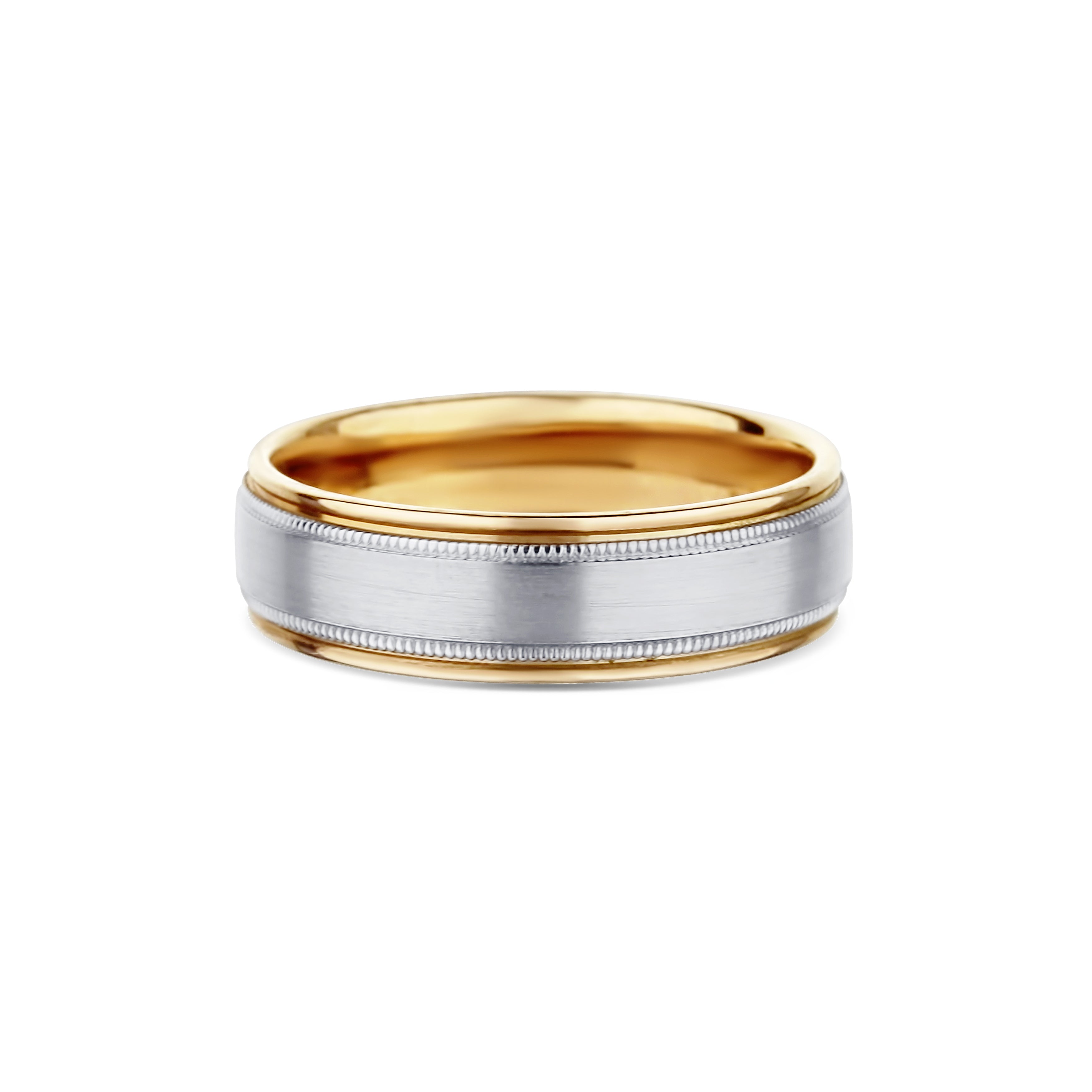 14K White Gold and 14K Rose Gold Milgrain Accent Milgrain Satin Finish Round Edge Wedding Band 6.5mm
