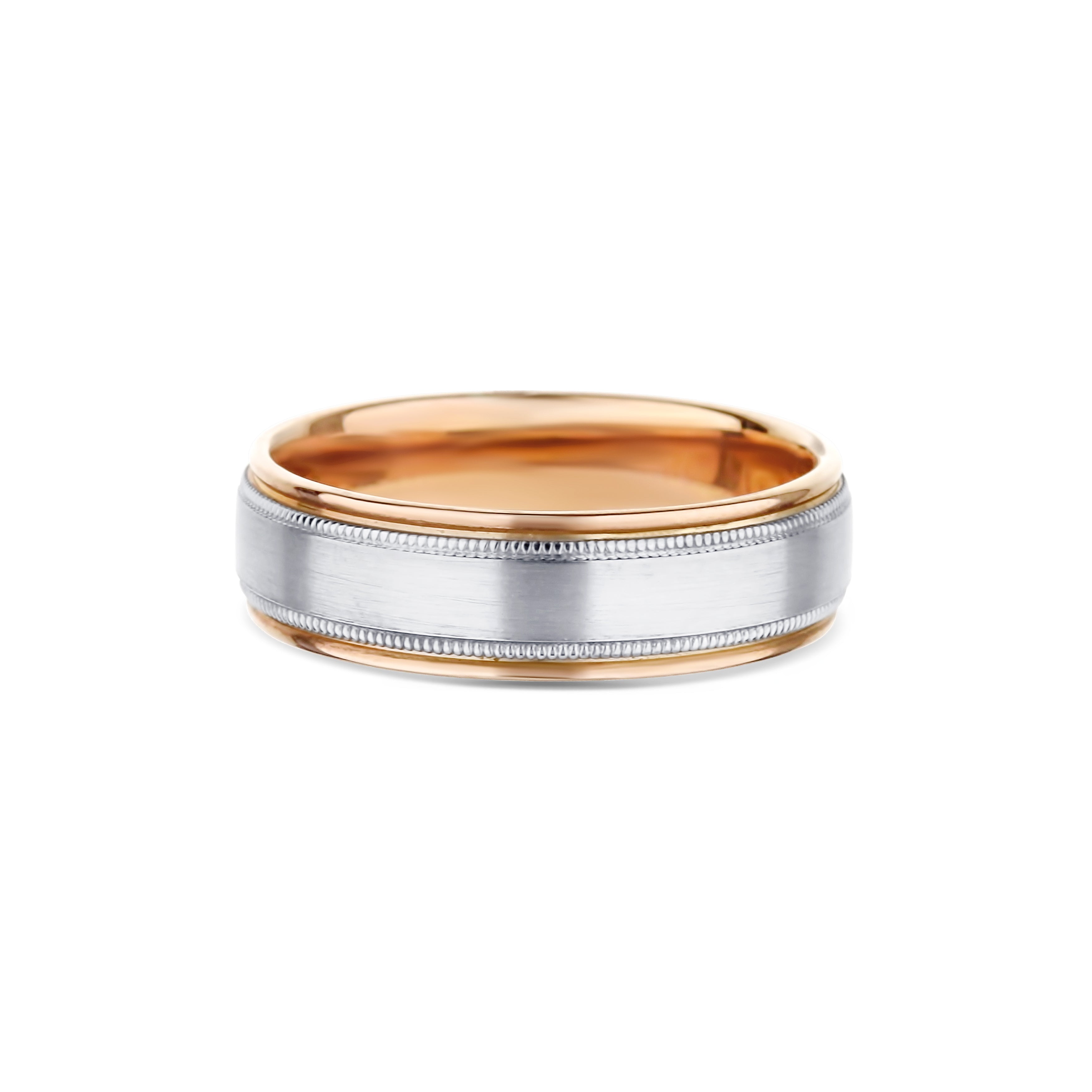 14K White Gold and 14K Rose Gold Milgrain Accent Milgrain Satin Finish Round Edge Wedding Band 6.5mm