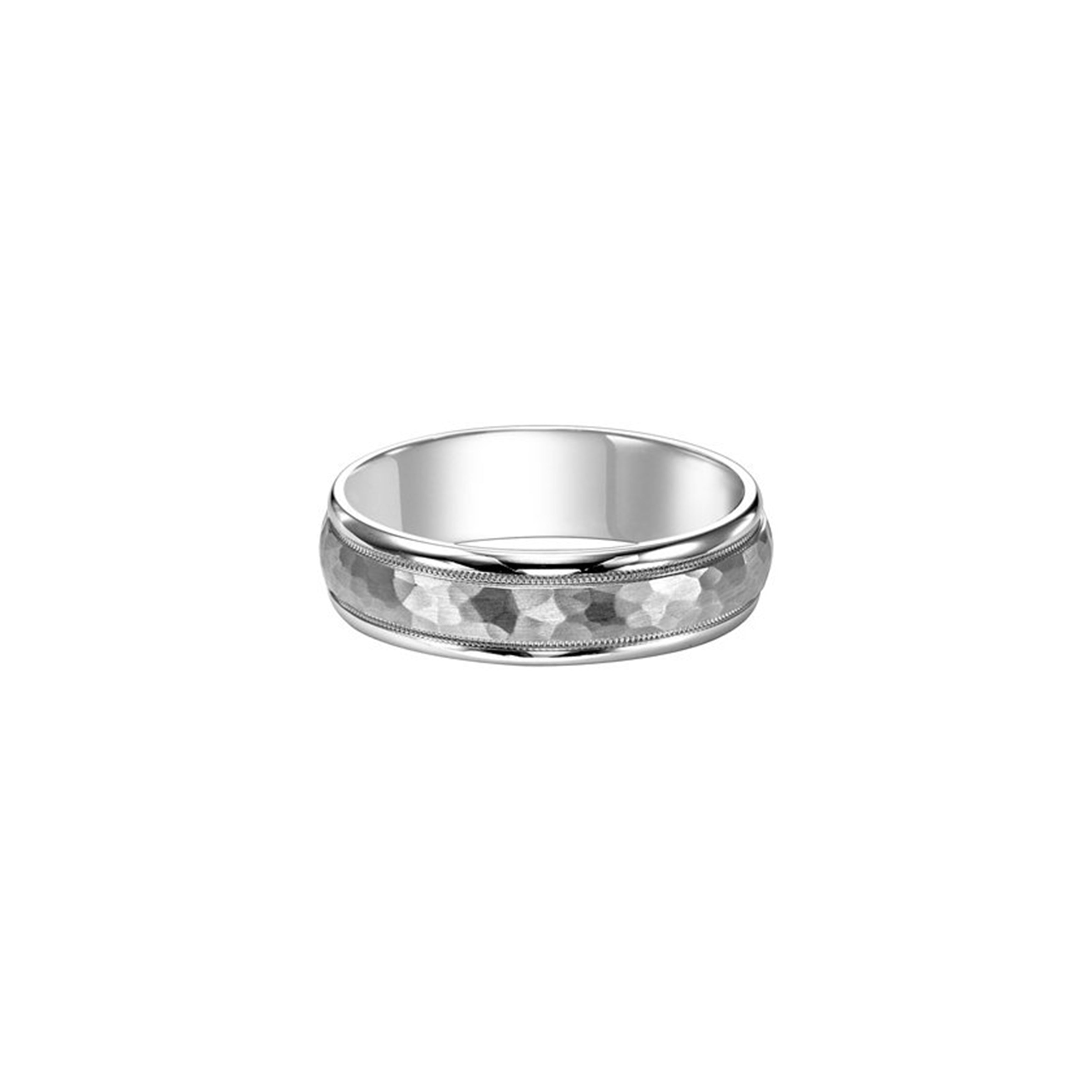 14K White Gold Milgrain Hammered Wedding Band 6mm