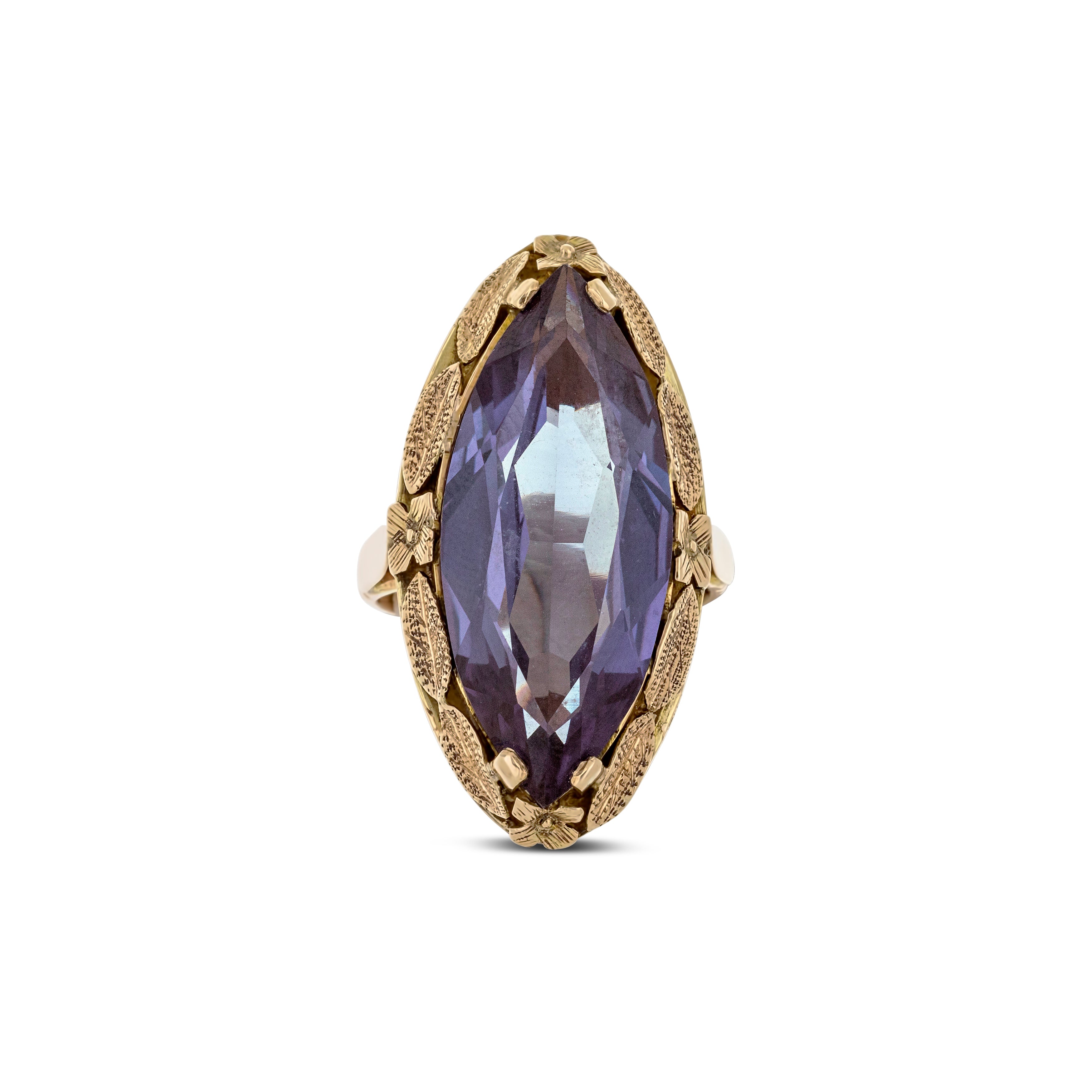 14k Gold Marquise Color Change Synthetic Sapphire with Leaf Detail around the Bezel Ring