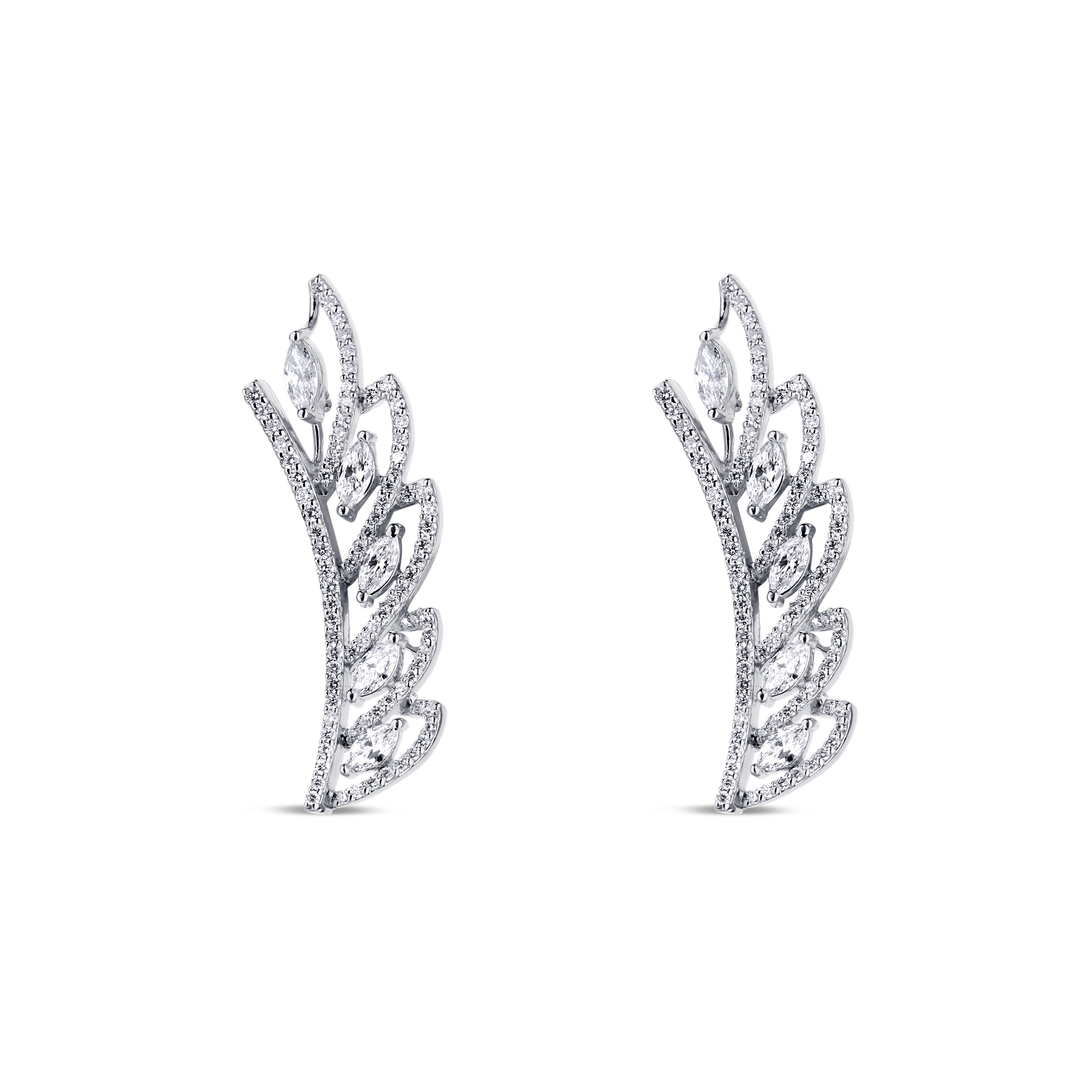 18K White Gold Marquise and Round Diamond Leaf Ear Climbers