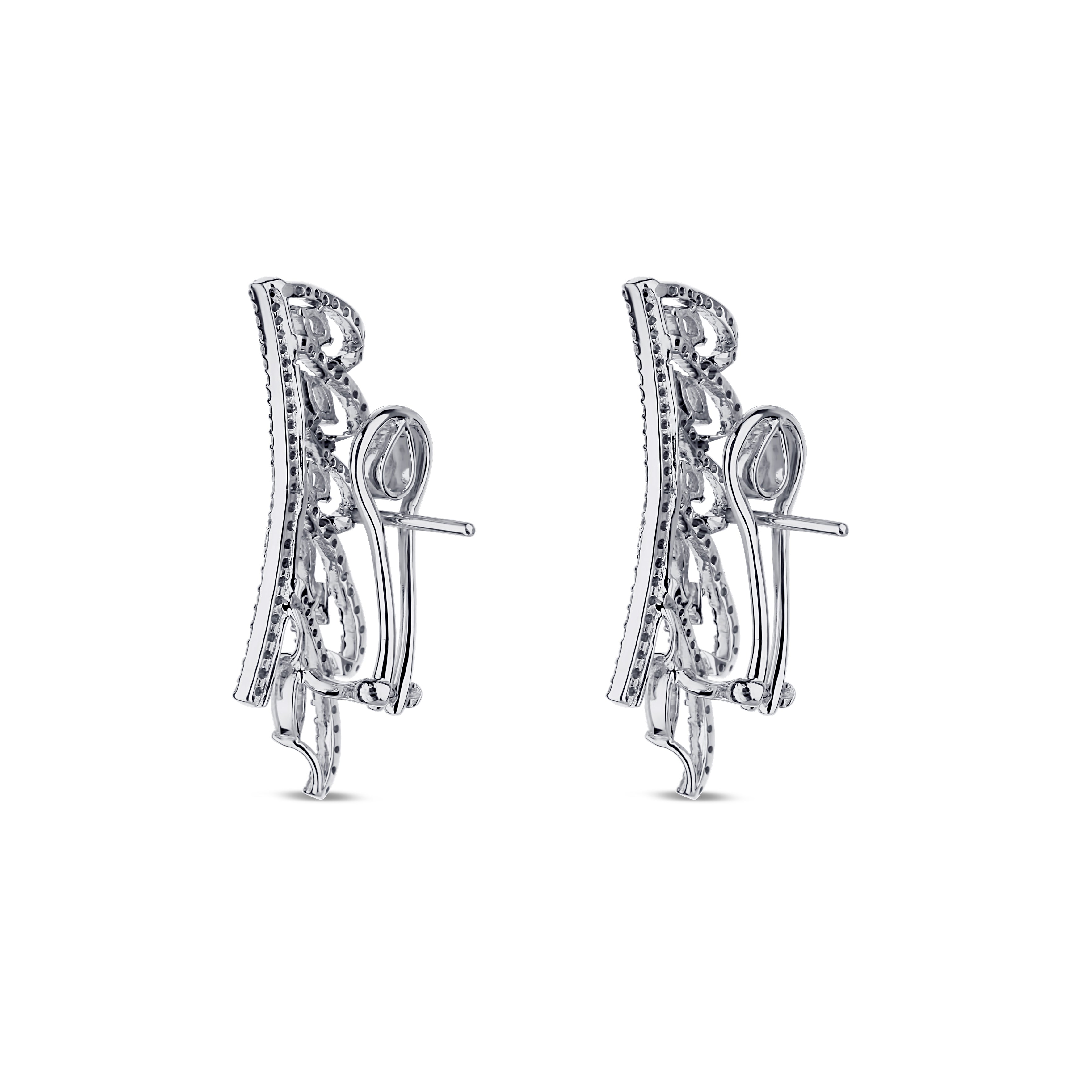 18K White Gold Marquise and Round Diamond Leaf Ear Climbers