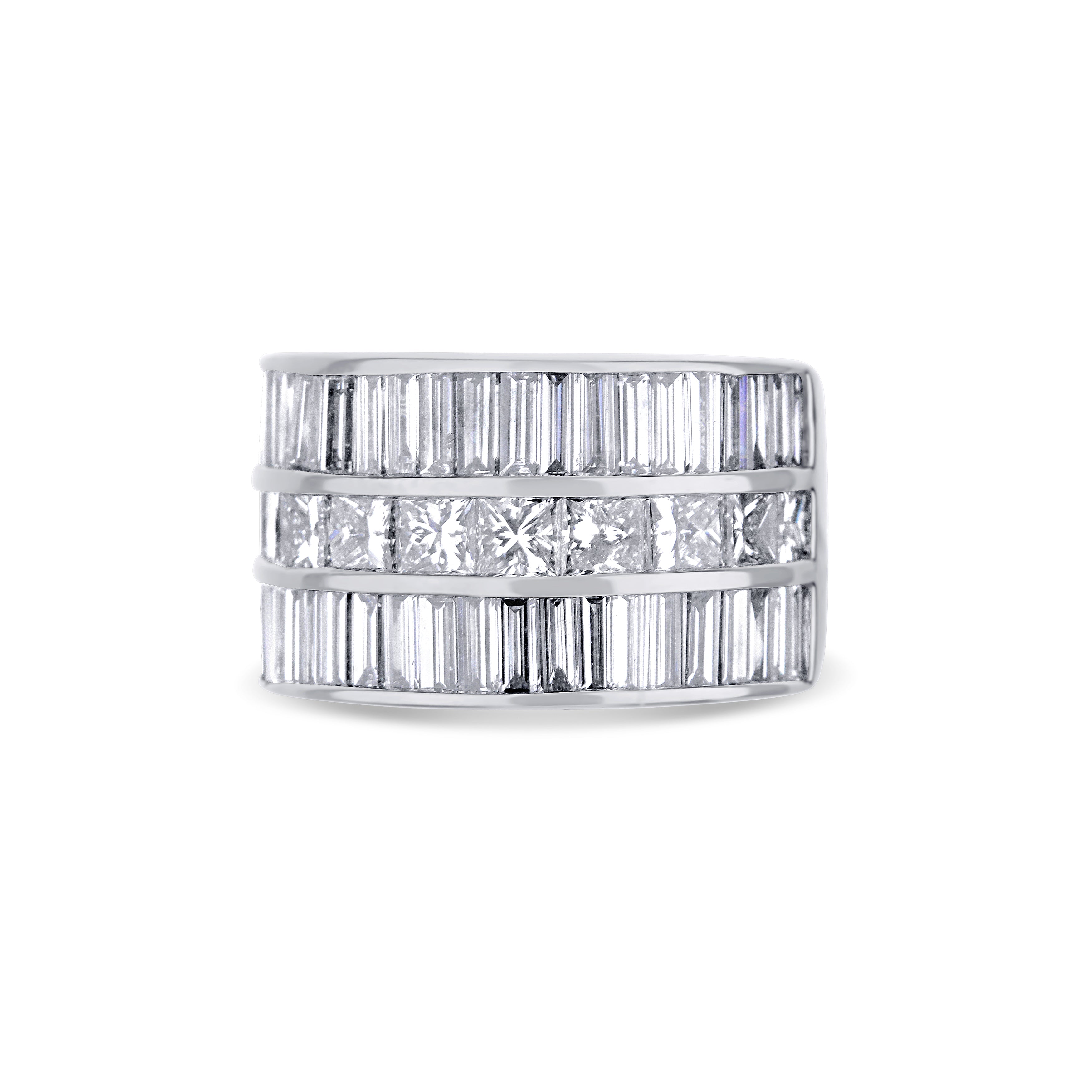 Platinum Triple Row Baguette and Round Diamond Ring