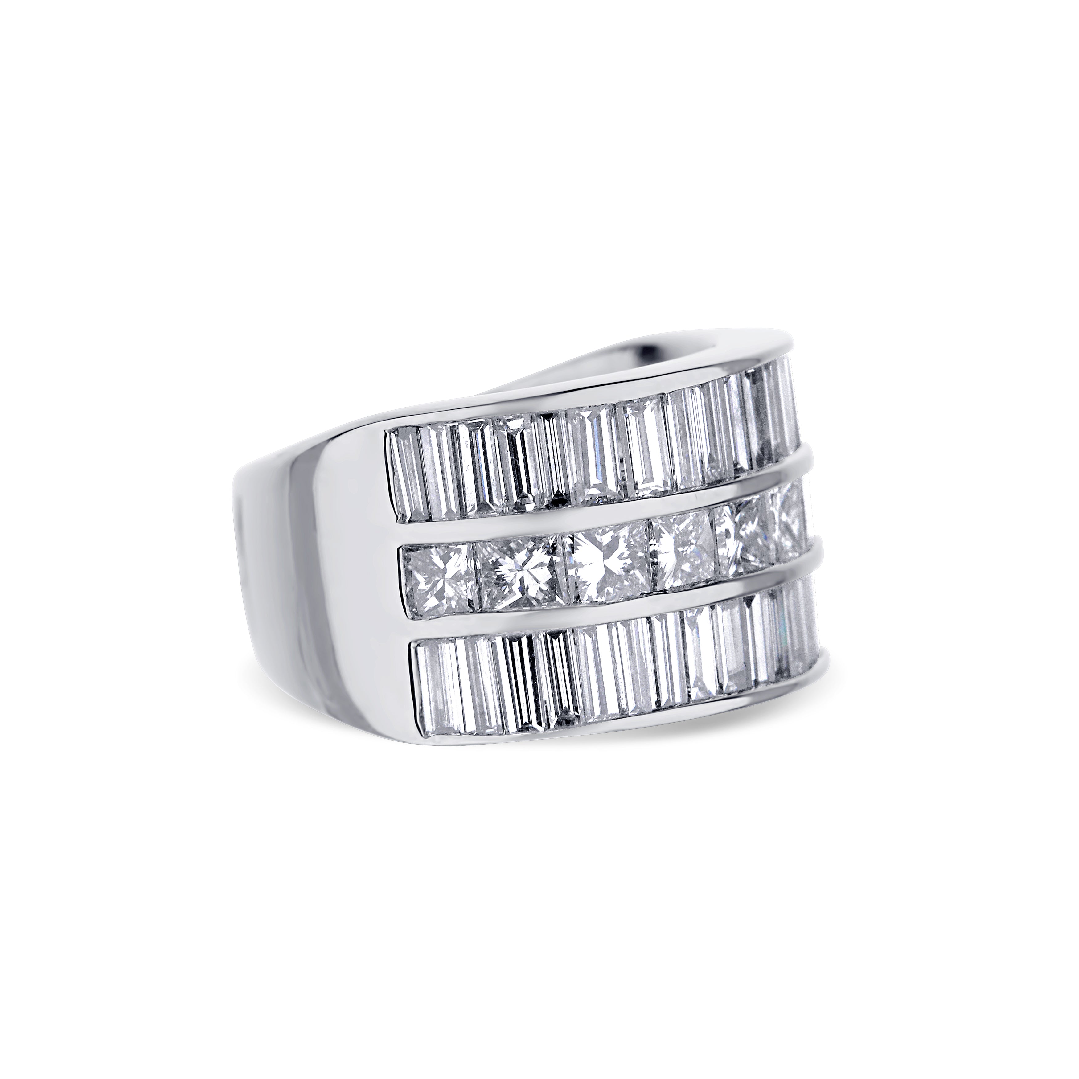 Platinum Triple Row Baguette and Round Diamond Ring