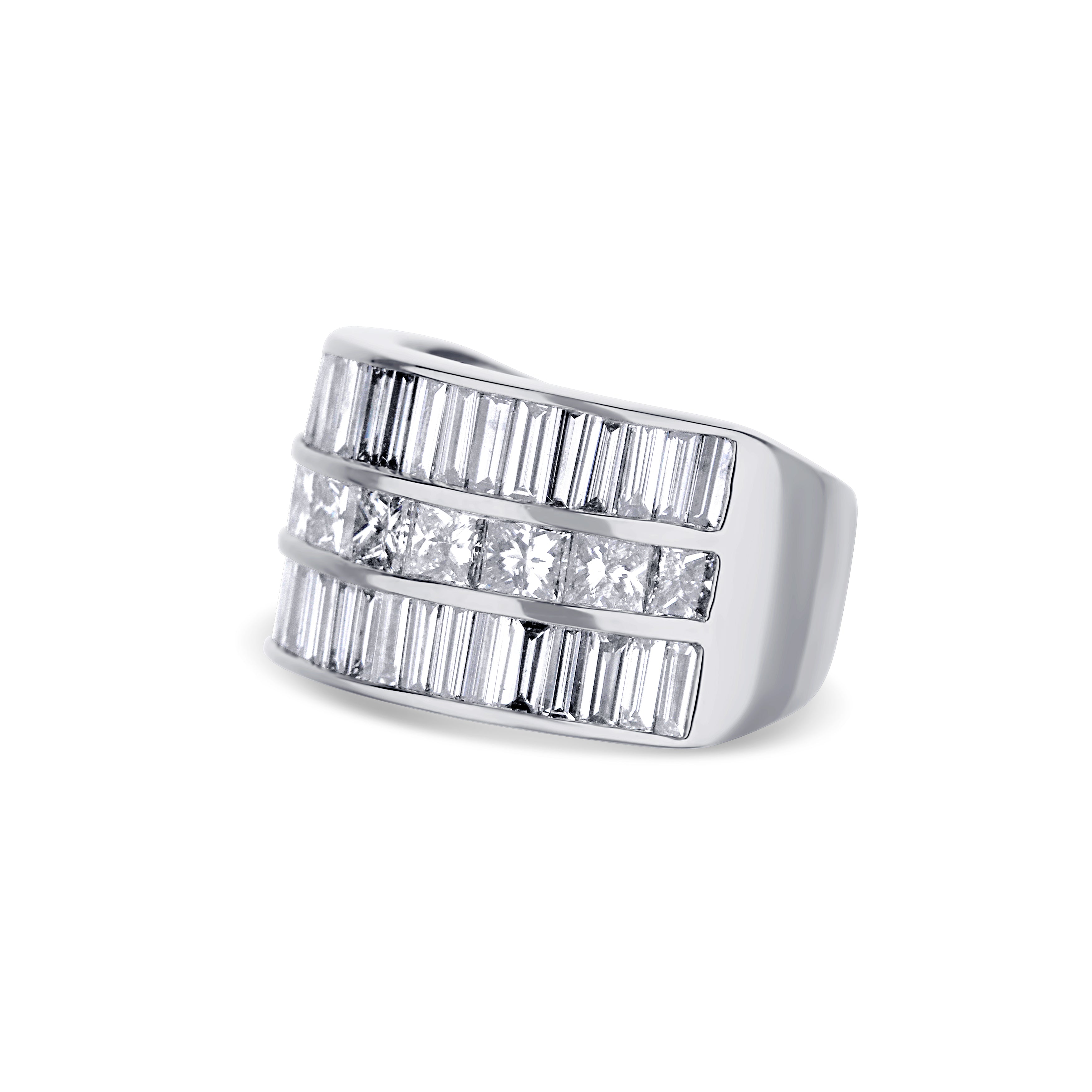 Platinum Triple Row Baguette and Round Diamond Ring