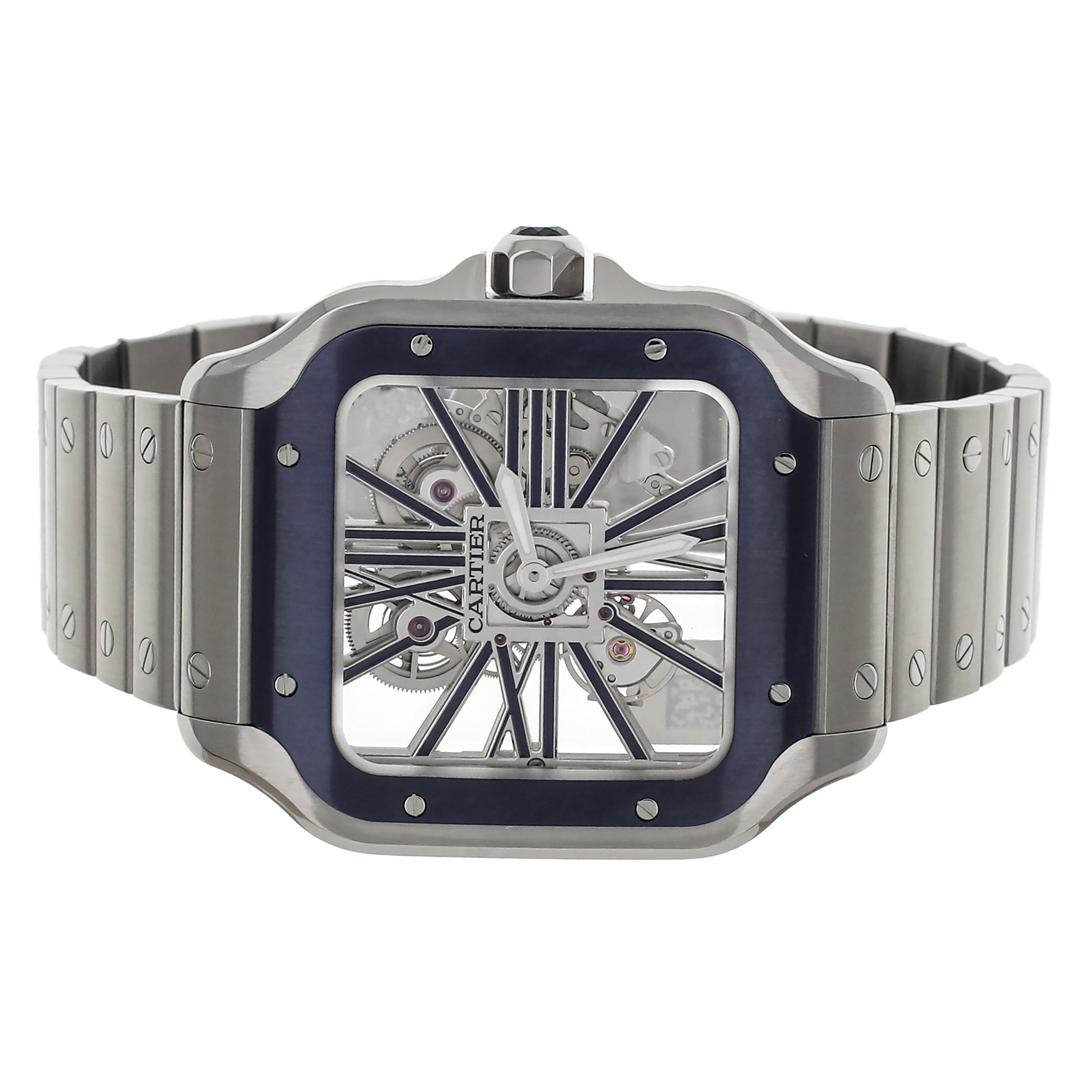 Cartier Santos Skeleton Stainless Steel Blue Bezel 38mm WHSA0026 Full Set