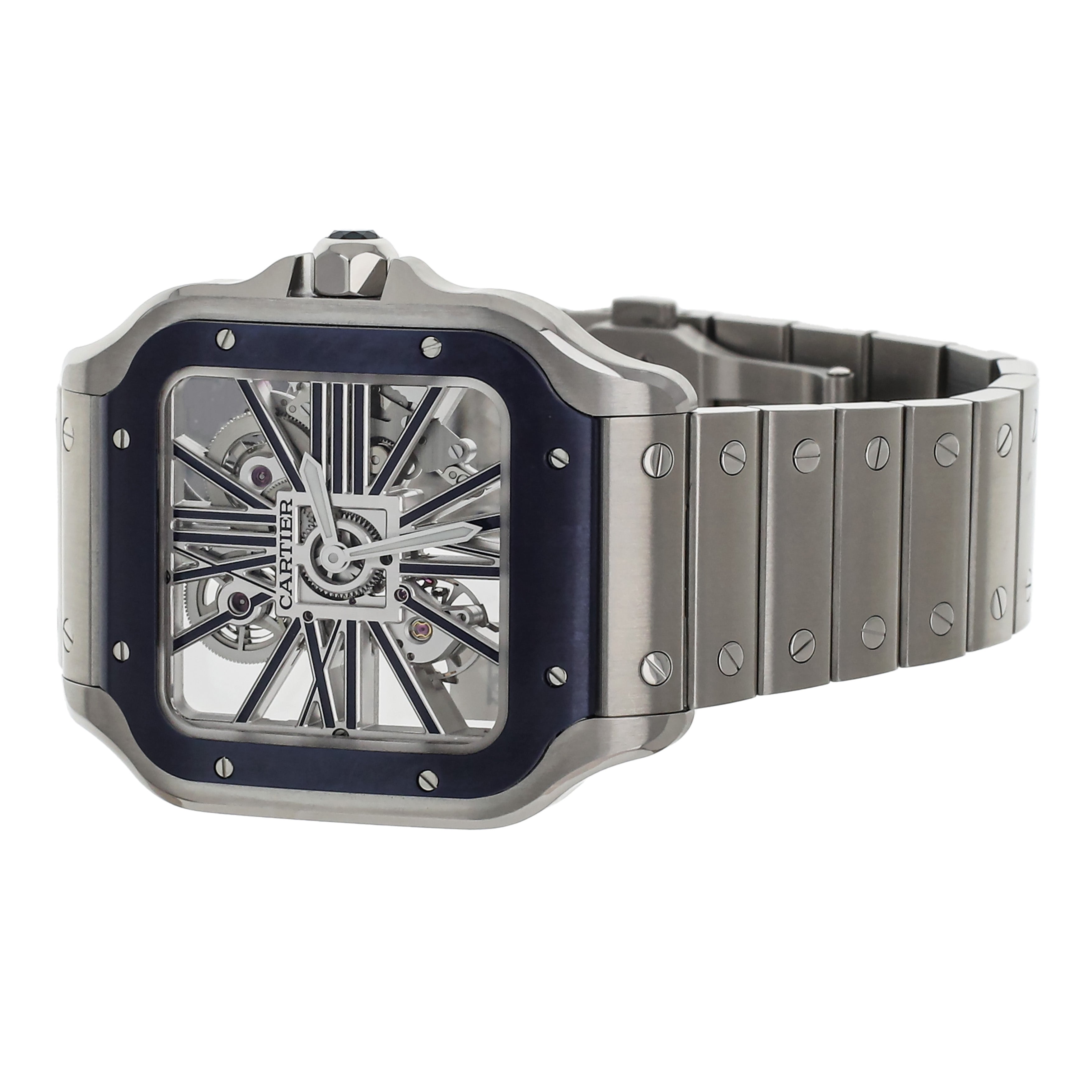 Cartier Santos Skeleton Stainless Steel Blue Bezel 38mm WHSA0026 Full Set