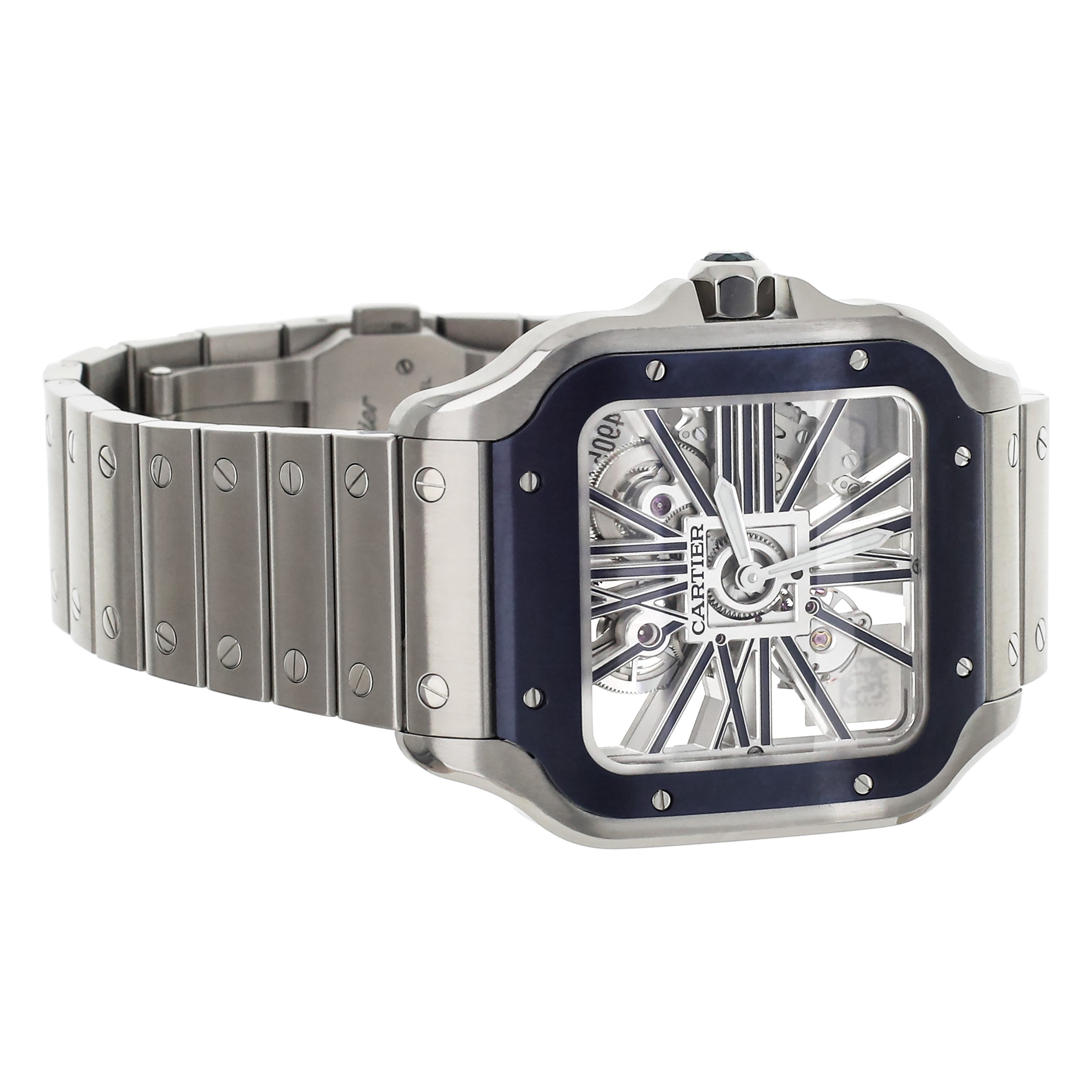 Cartier Santos Skeleton Stainless Steel Blue Bezel 38mm WHSA0026 Full Set