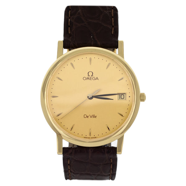 Vintage Omega Deville Gold Dial Yellow Gold Case Black Leather Strap Quarts  32mm 73201112