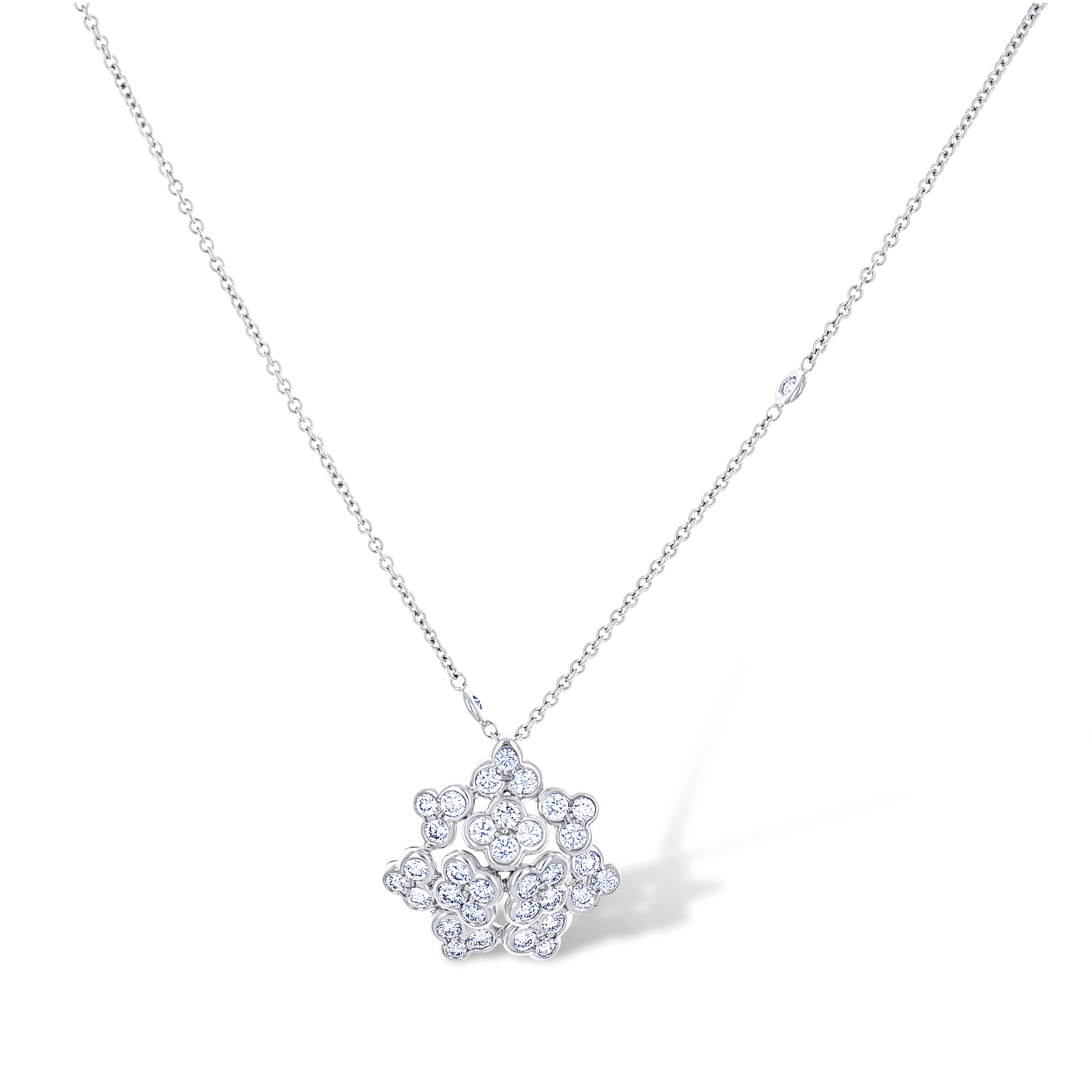 Leo Pizzo 18K White Gold Stone Diamond Flower Design Pendant On Station Diamond Chain