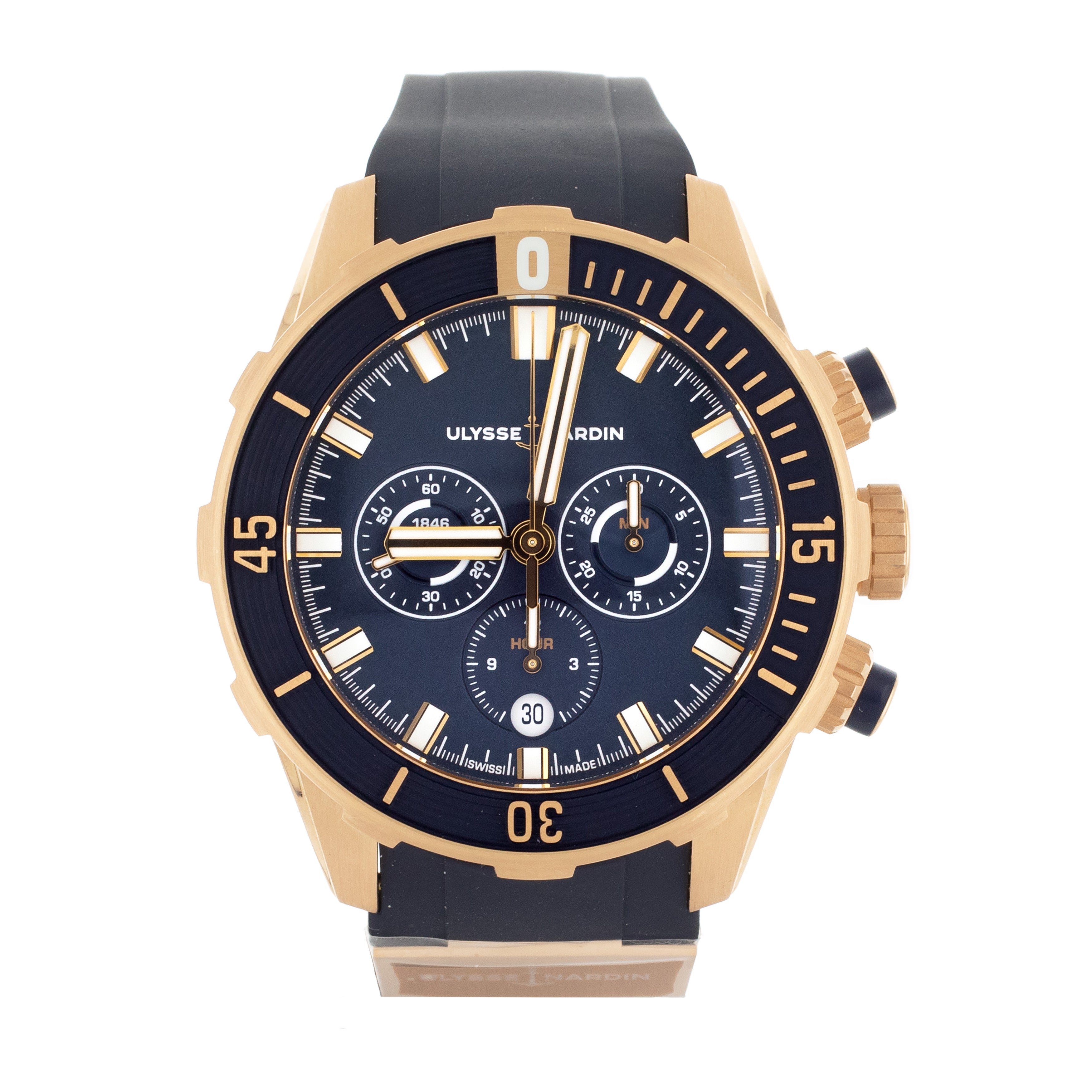 Ulysse Nardin Marine Diver Chronograph Rose Gold Rubber Blue 44mm 1502-170-3/93 Full Set