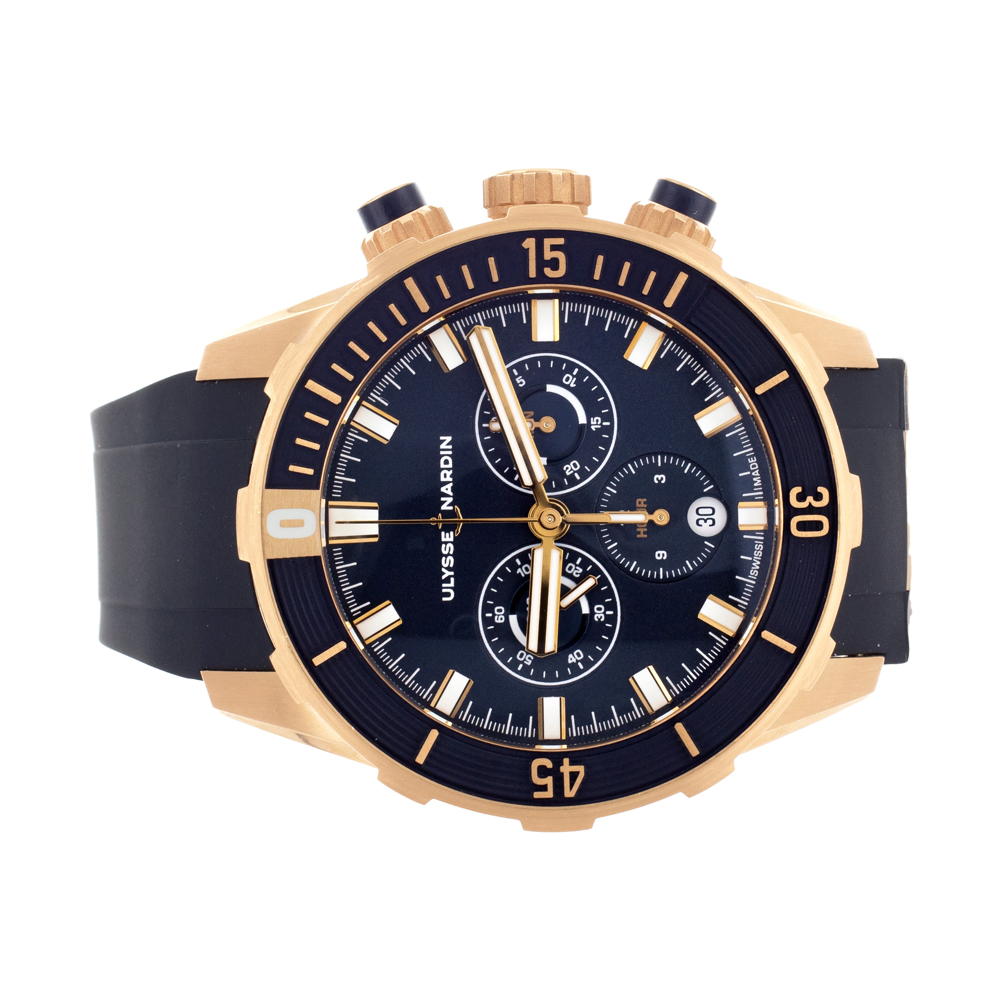 Ulysse Nardin Marine Diver Chronograph Rose Gold Rubber Blue 44mm 1502-170-3/93 Full Set