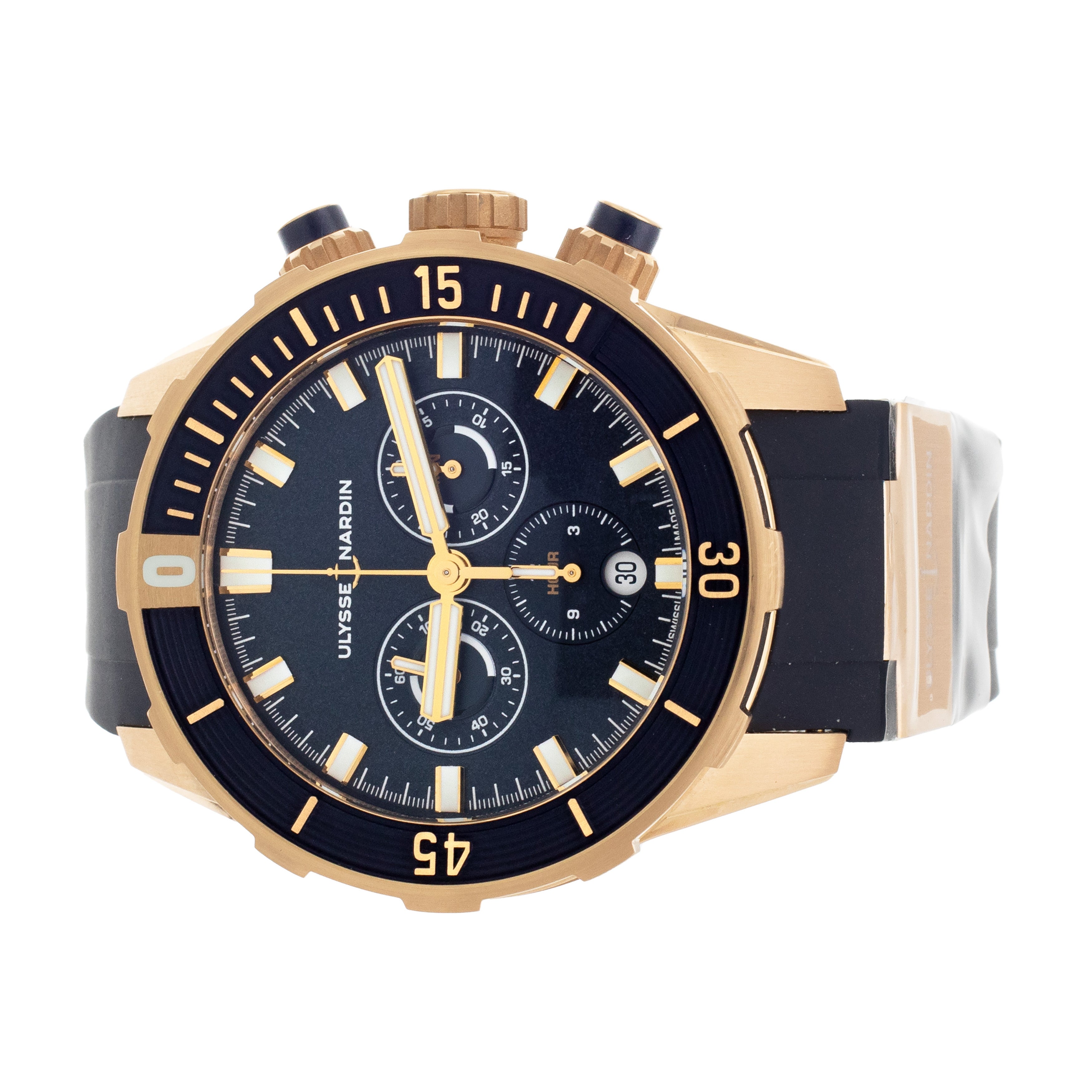 Ulysse Nardin Marine Diver Chronograph Rose Gold Rubber Blue 44mm 1502-170-3/93 Full Set