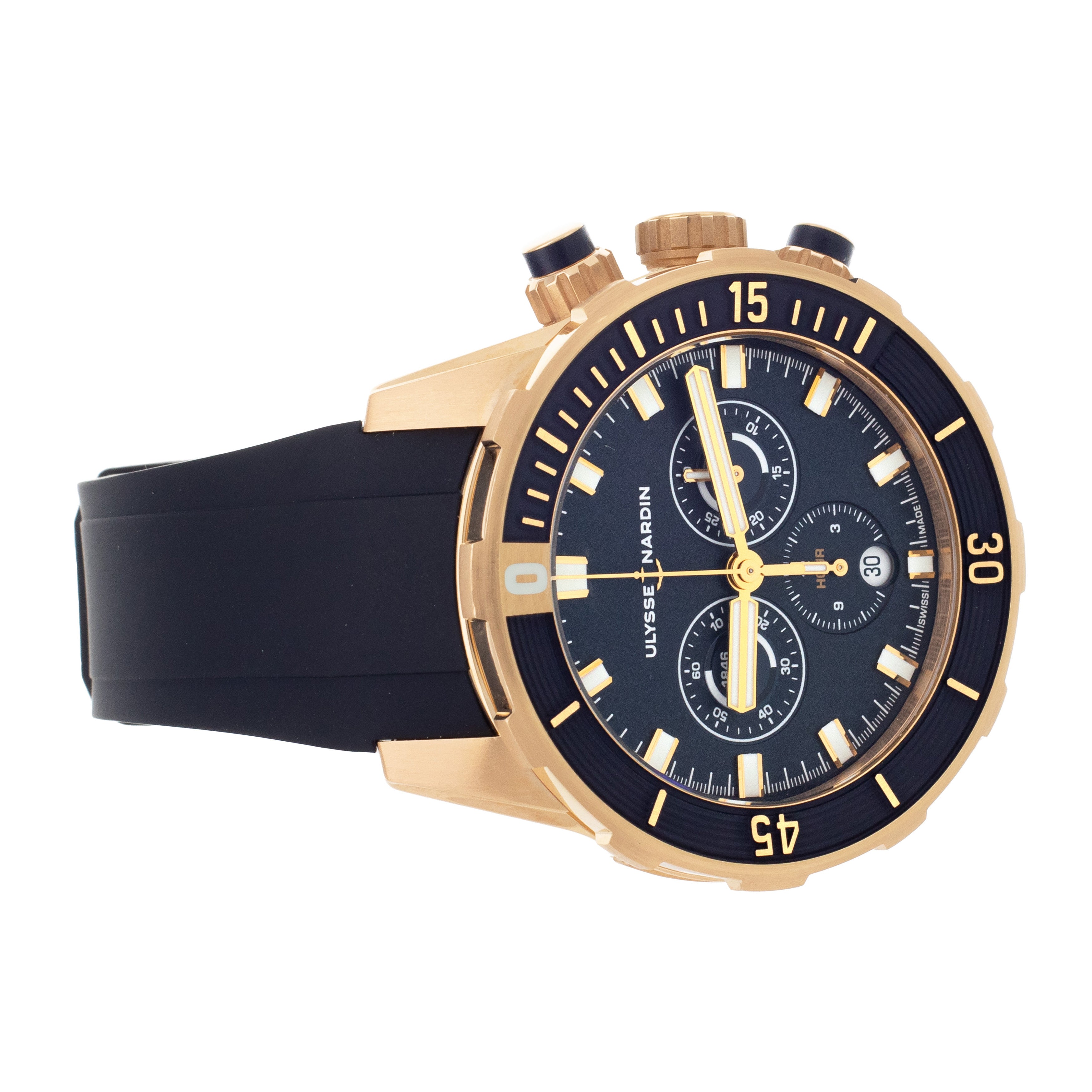 Ulysse Nardin Marine Diver Chronograph Rose Gold Rubber Blue 44mm 1502-170-3/93 Full Set