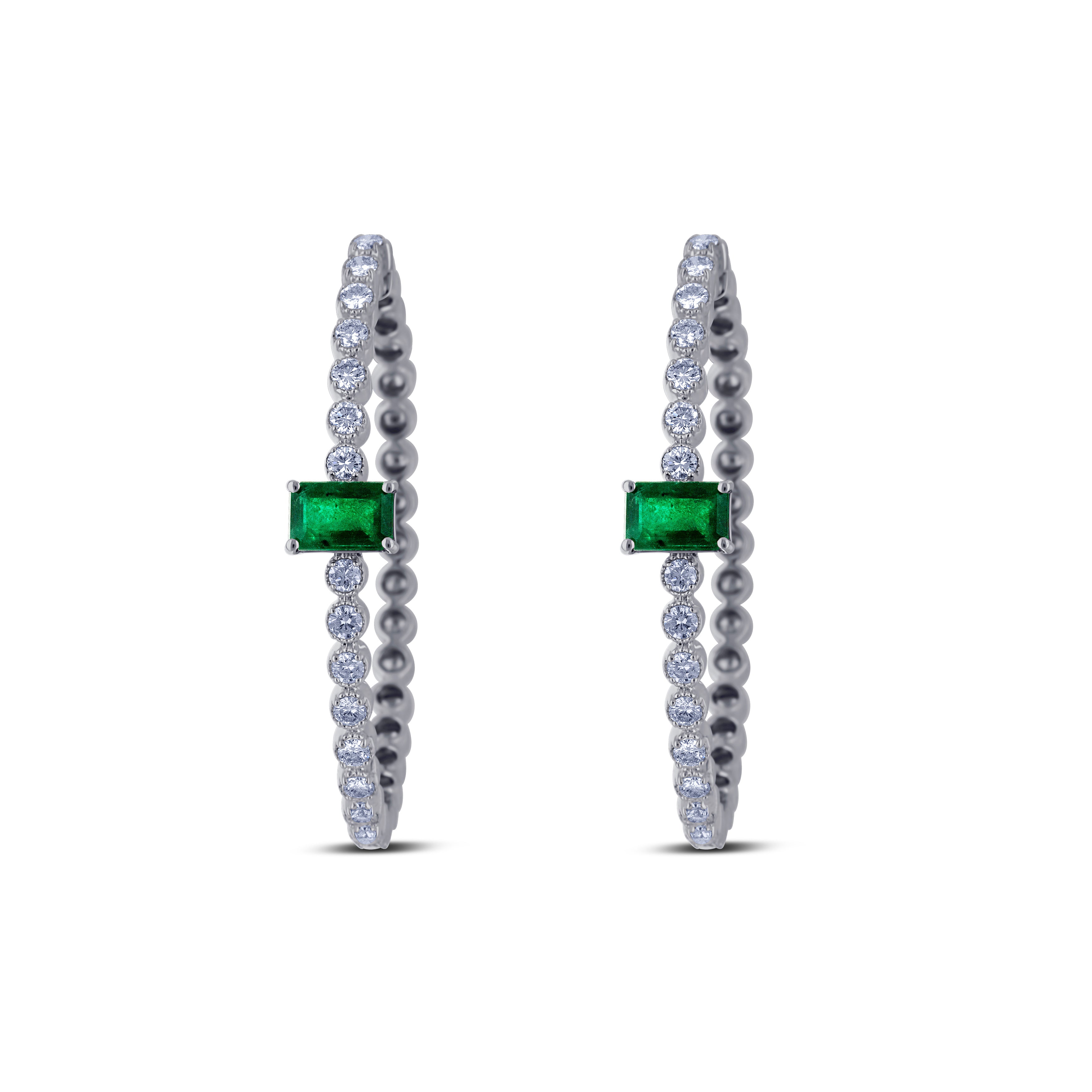 18K White Gold Emerald & Diamond Hoop Earrings