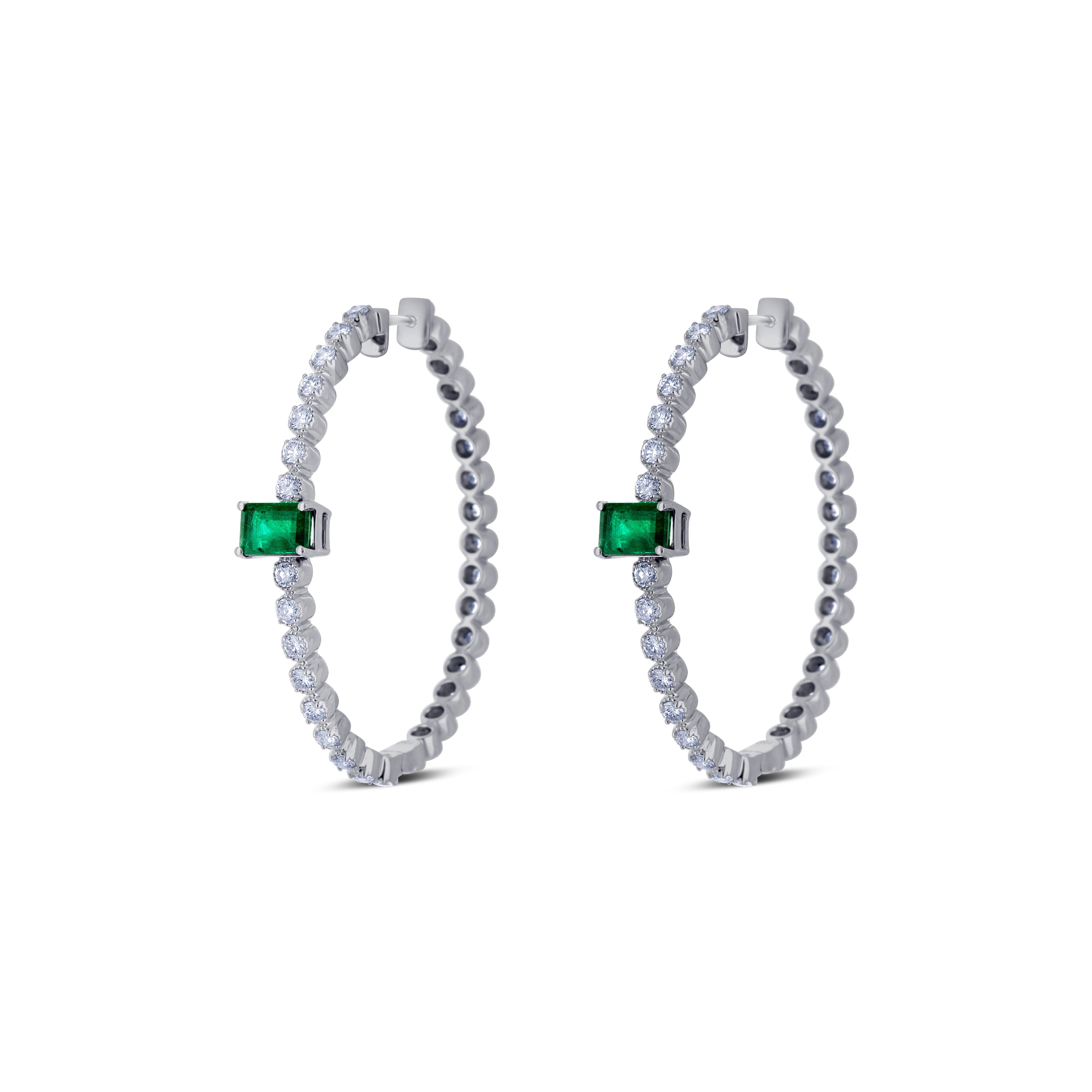 18K White Gold Emerald & Diamond Hoop Earrings