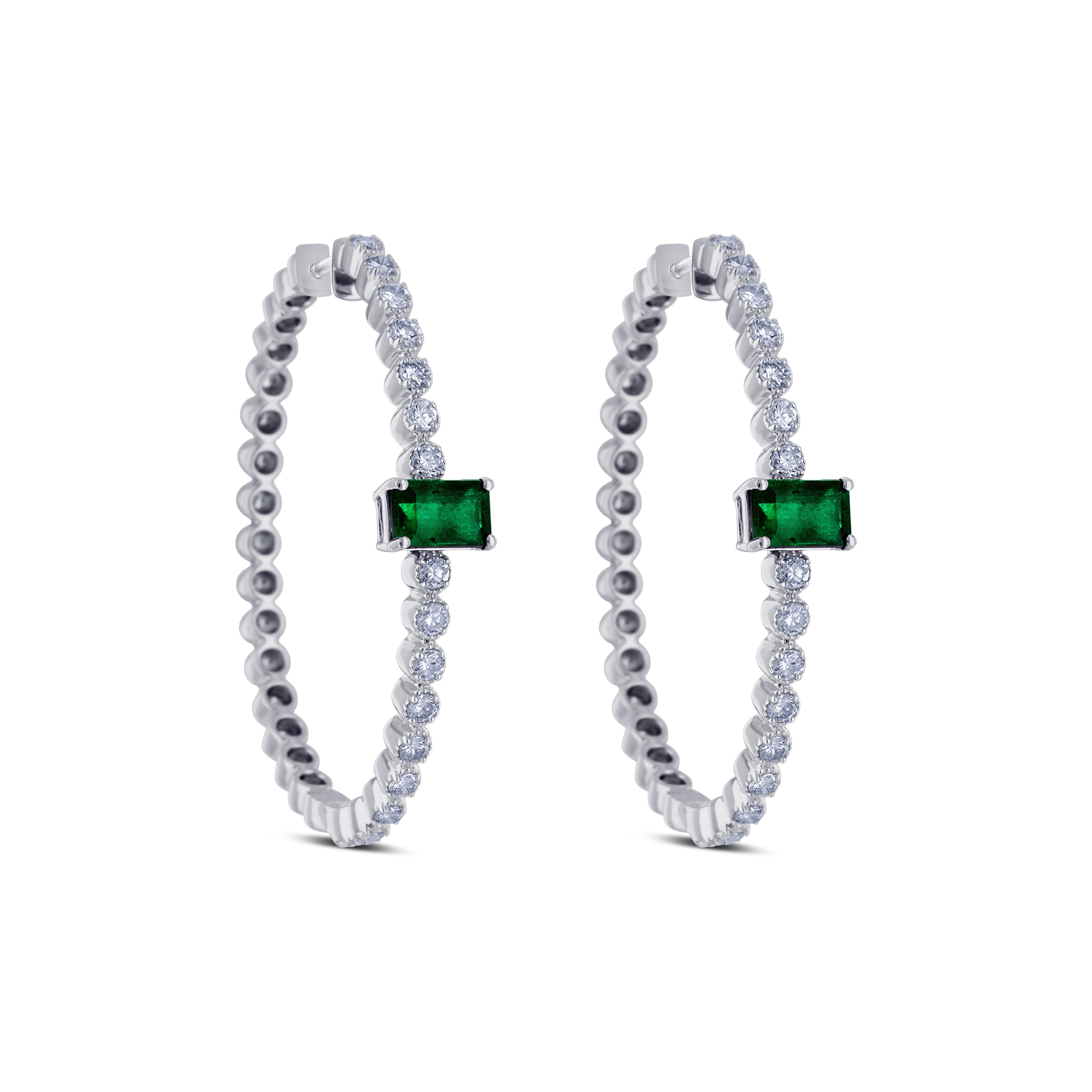 18K White Gold Emerald & Diamond Hoop Earrings