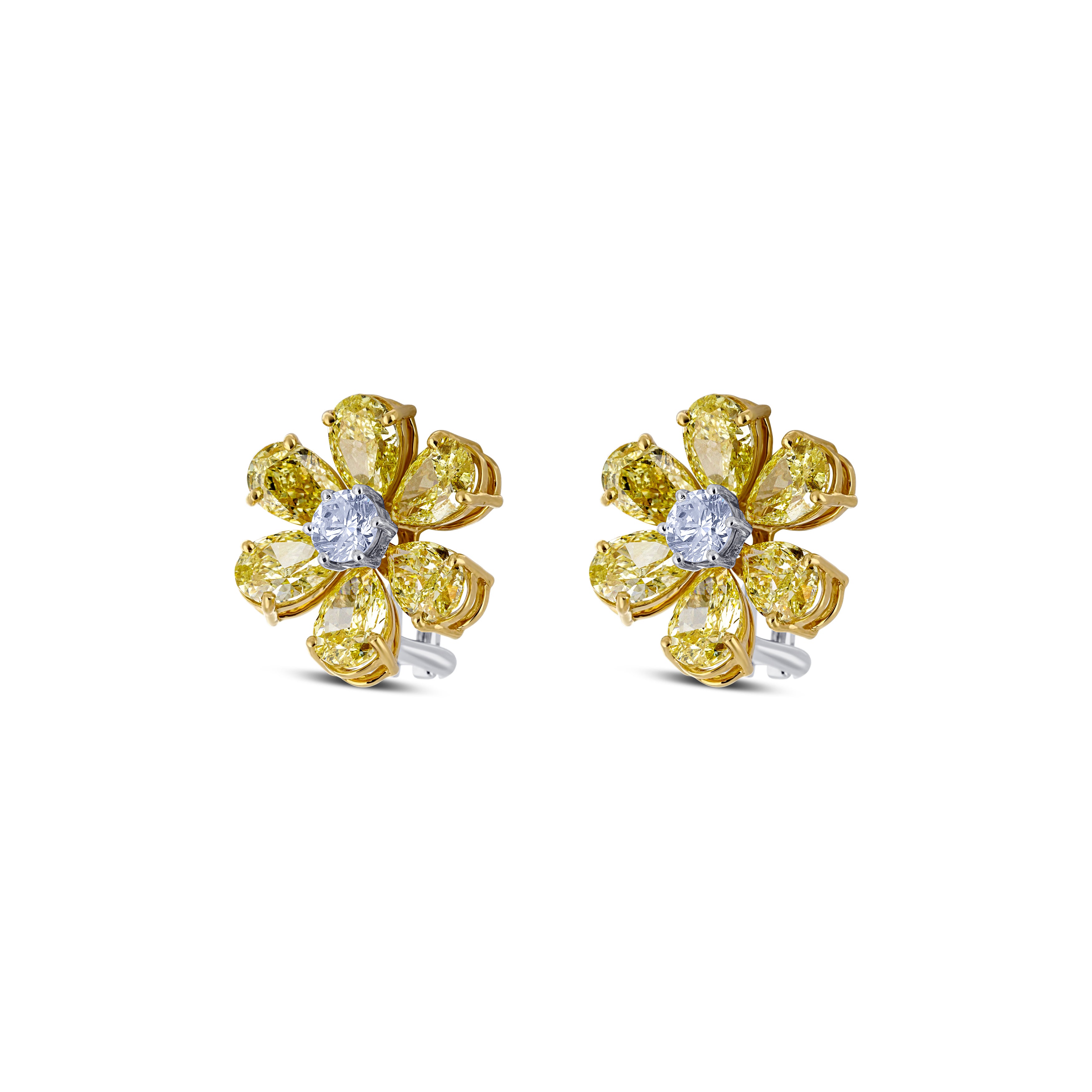 18K Titanium White & Yellow Gold Pear Cut Diamond Flower Design Earrings