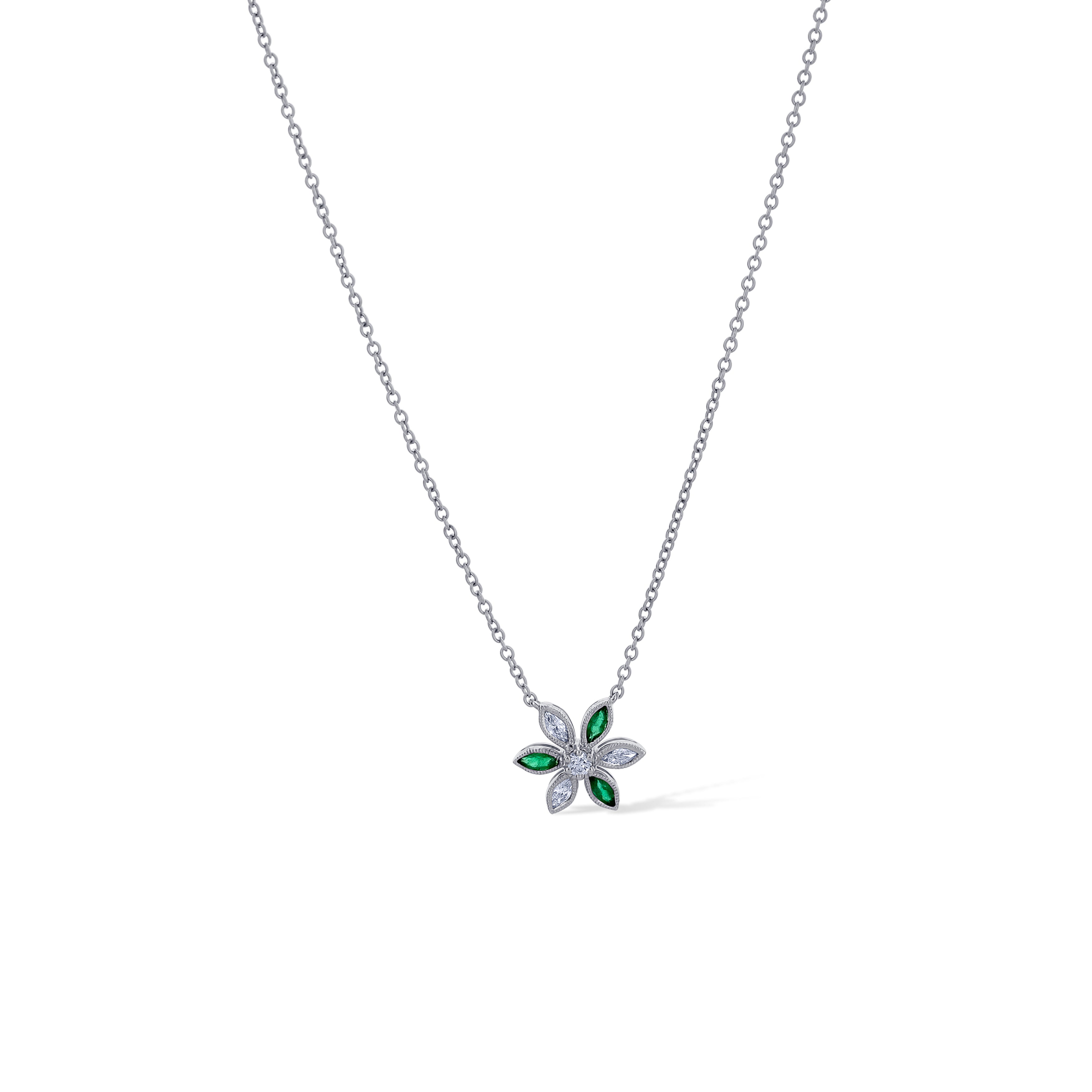 18K White Gold Diamond and Emerald Flower Design Necklace