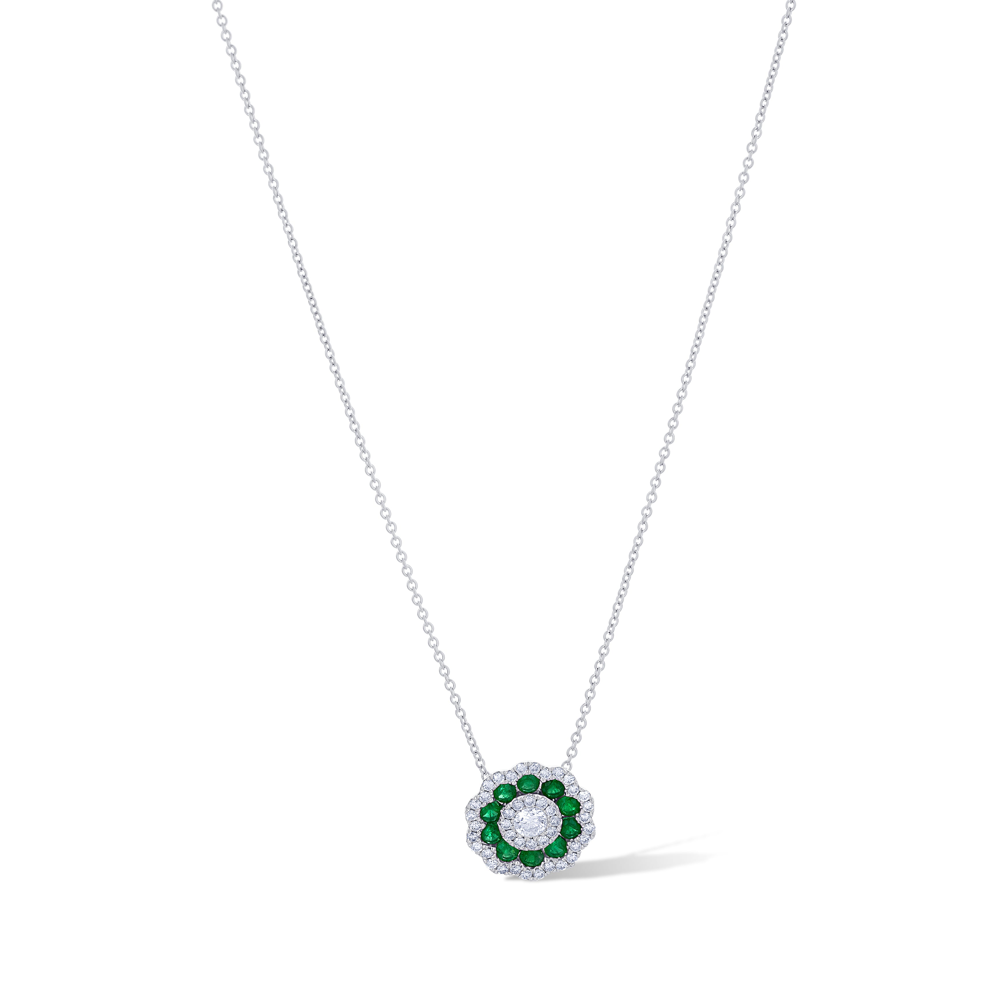 18K White Gold Diamond with Emerald Stones Necklace
