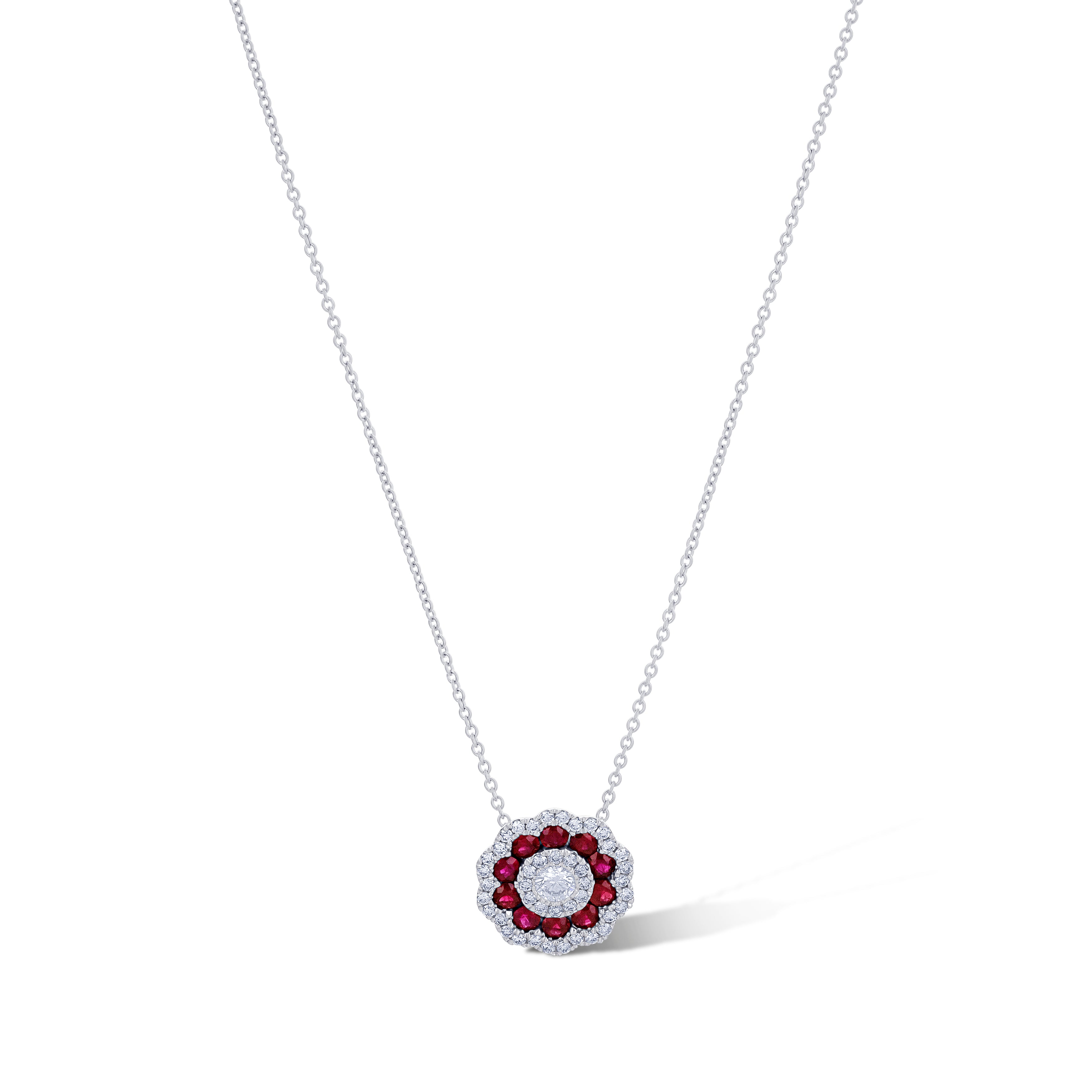 18K White Gold Ruby & Diamond Flower Design Necklace