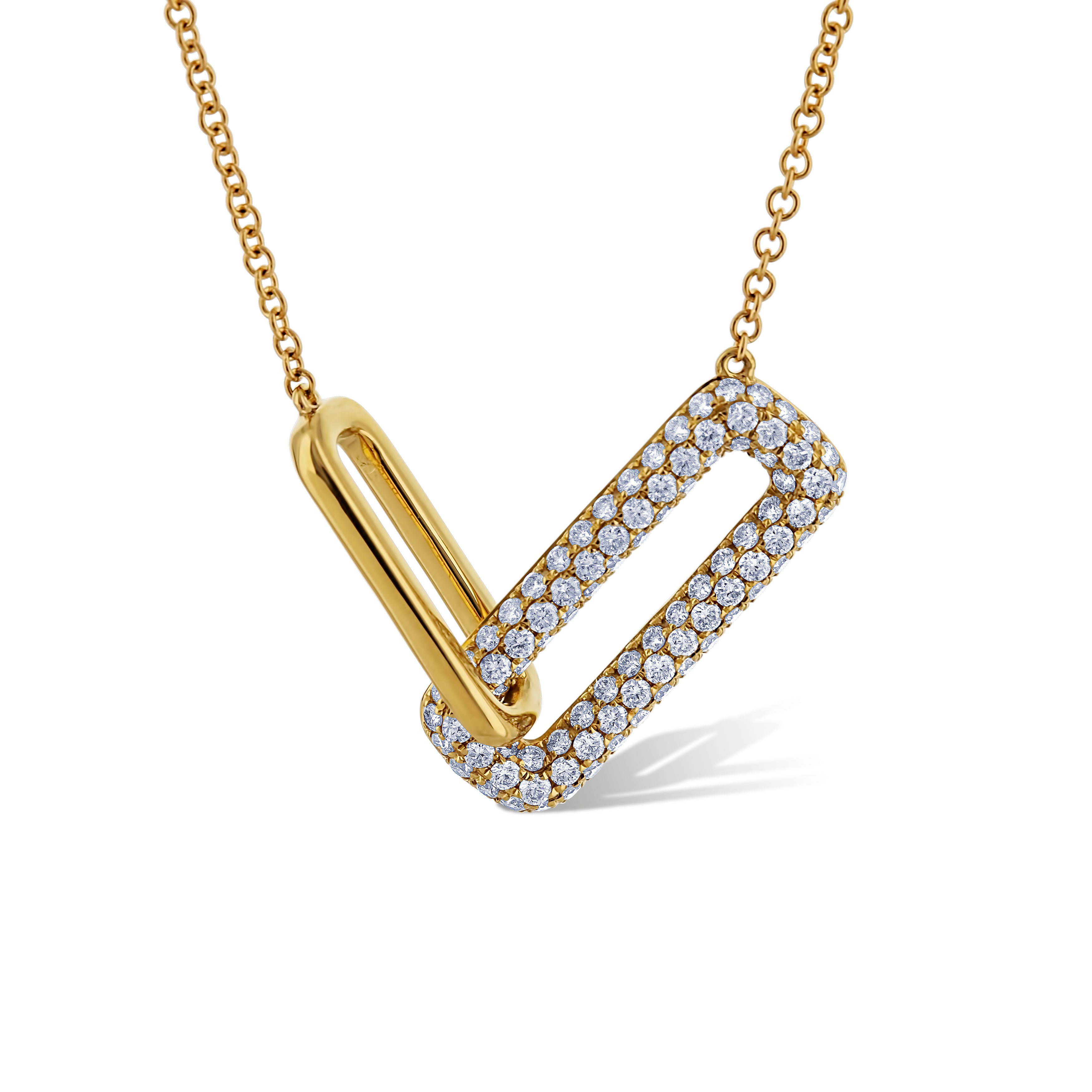 18K Yellow Gold Round Cut Diamond Paperclip Pendant Necklace