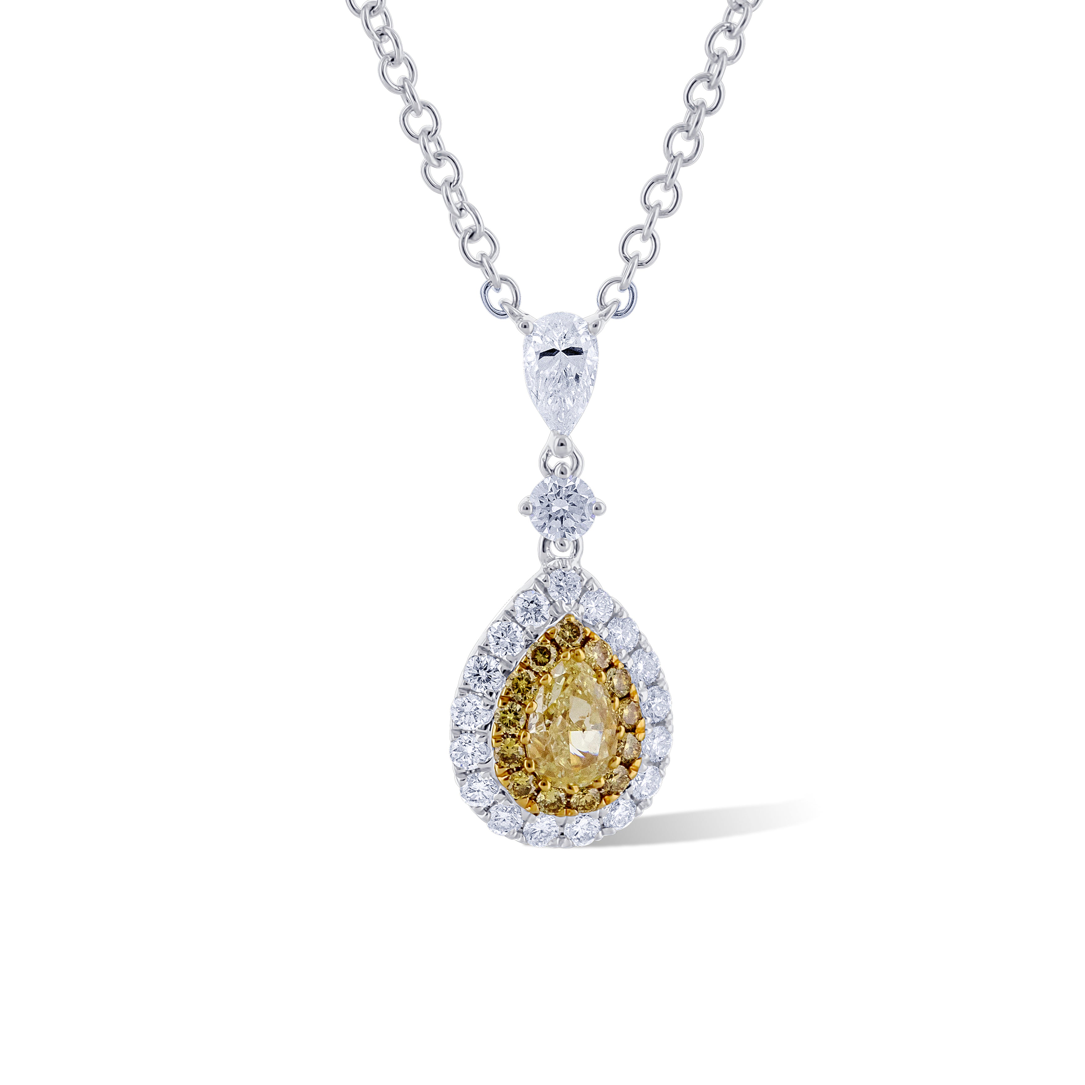 18K White Gold Fancy Yellow Pear Diamond with Side Stones Necklace