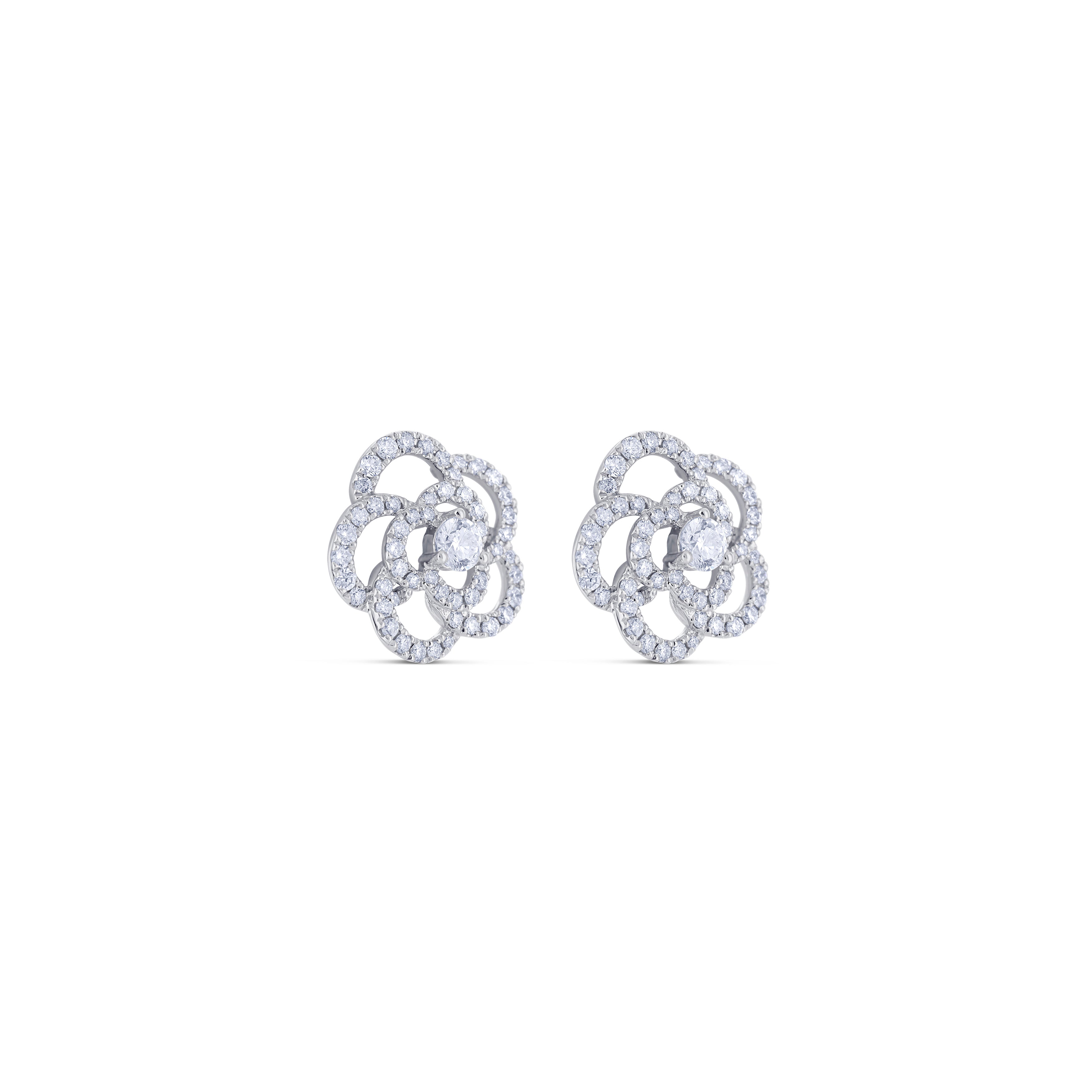 18K White Gold Round Diamond Flower Shaped Earrings