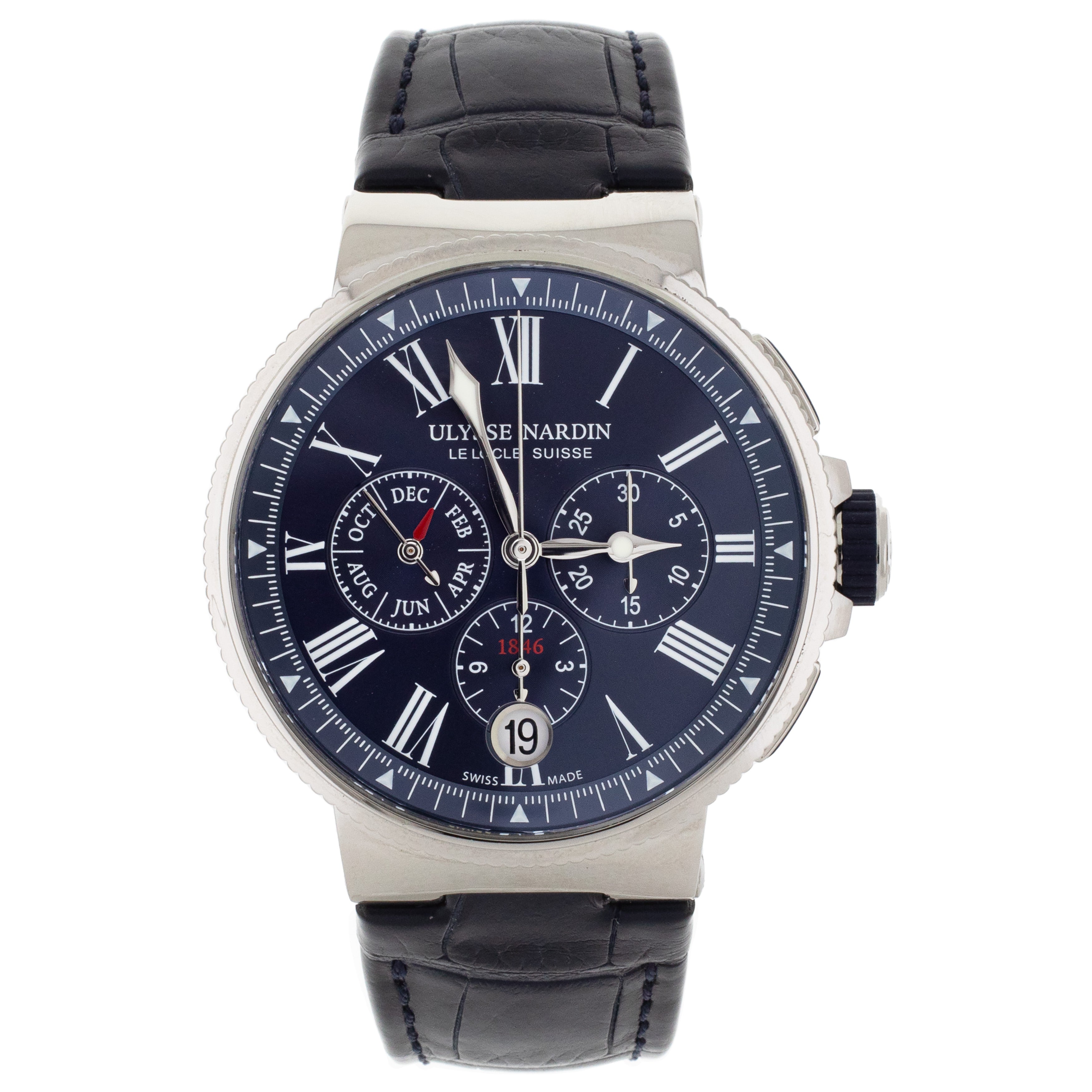 Ulysse Nardin Marine Chronograph Steel Blue Dial 43mm 1533 150 Full Se