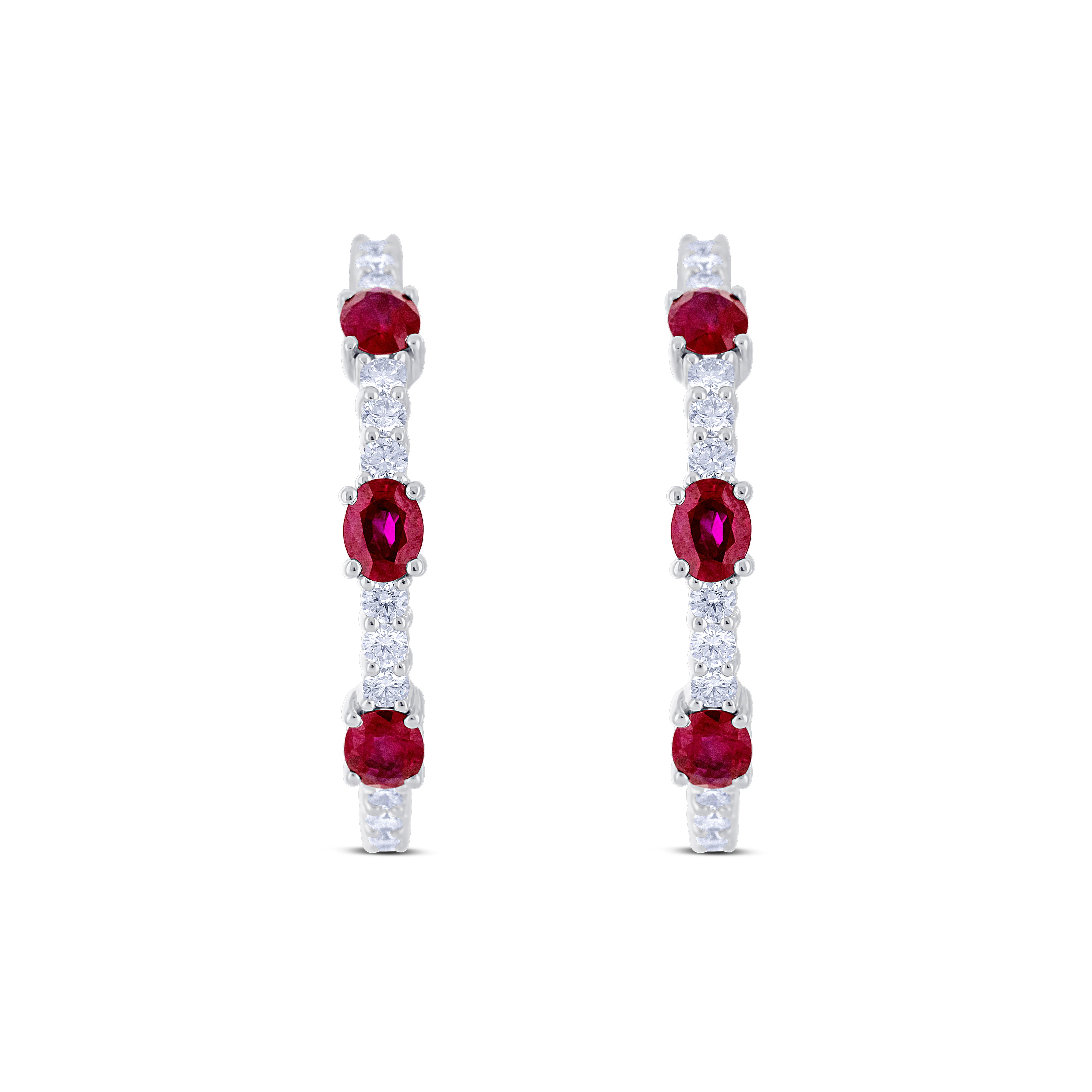 18K White Gold Oval Cut Ruby and Round Cut Diamond Hoop Earrings