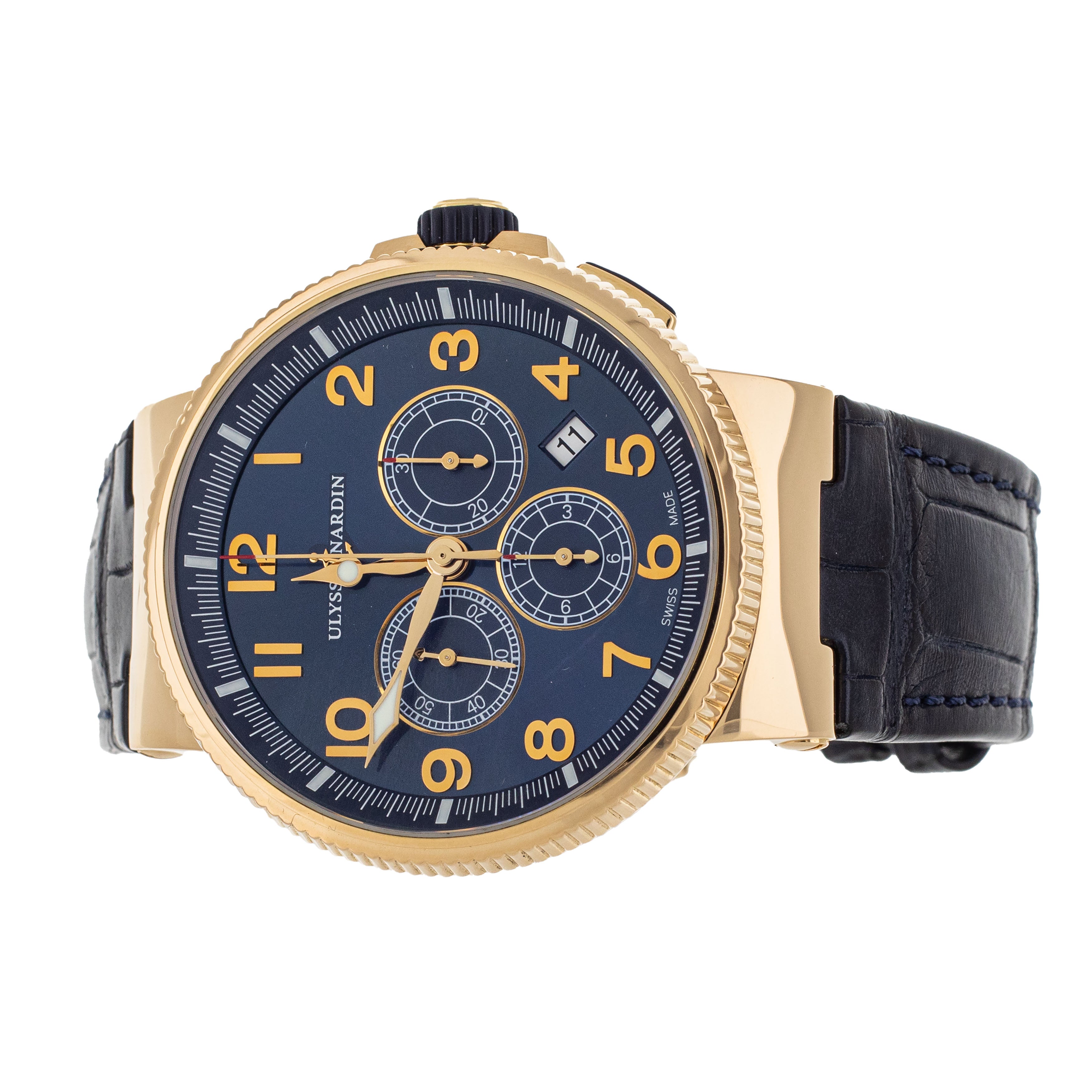 Ulysse Nardin Marine Chronograph Rose Gold Blue Dial 43mm 1506-150 Full Set