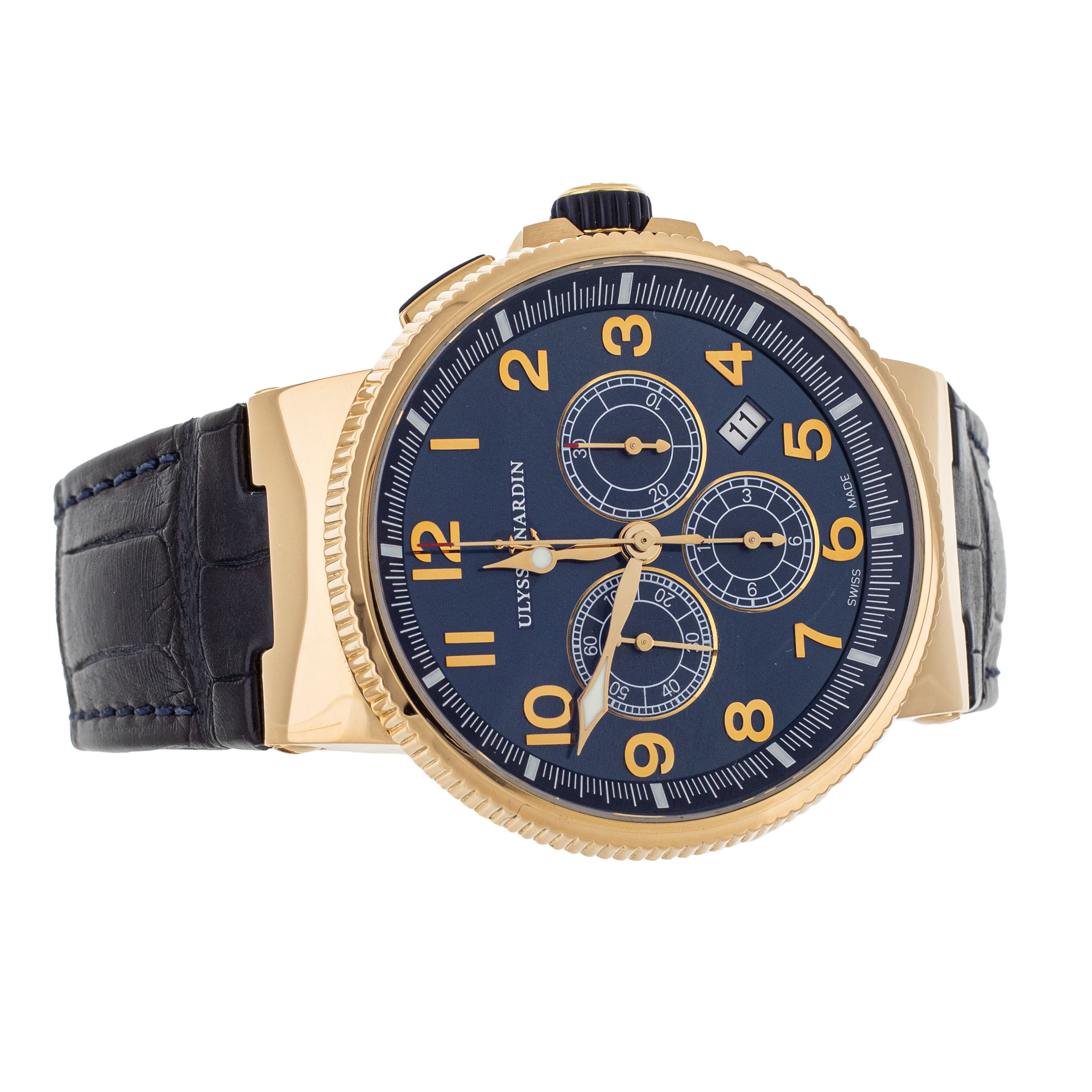 Ulysse Nardin Marine Chronograph Rose Gold Blue Dial 43mm 1506-150 Full Set