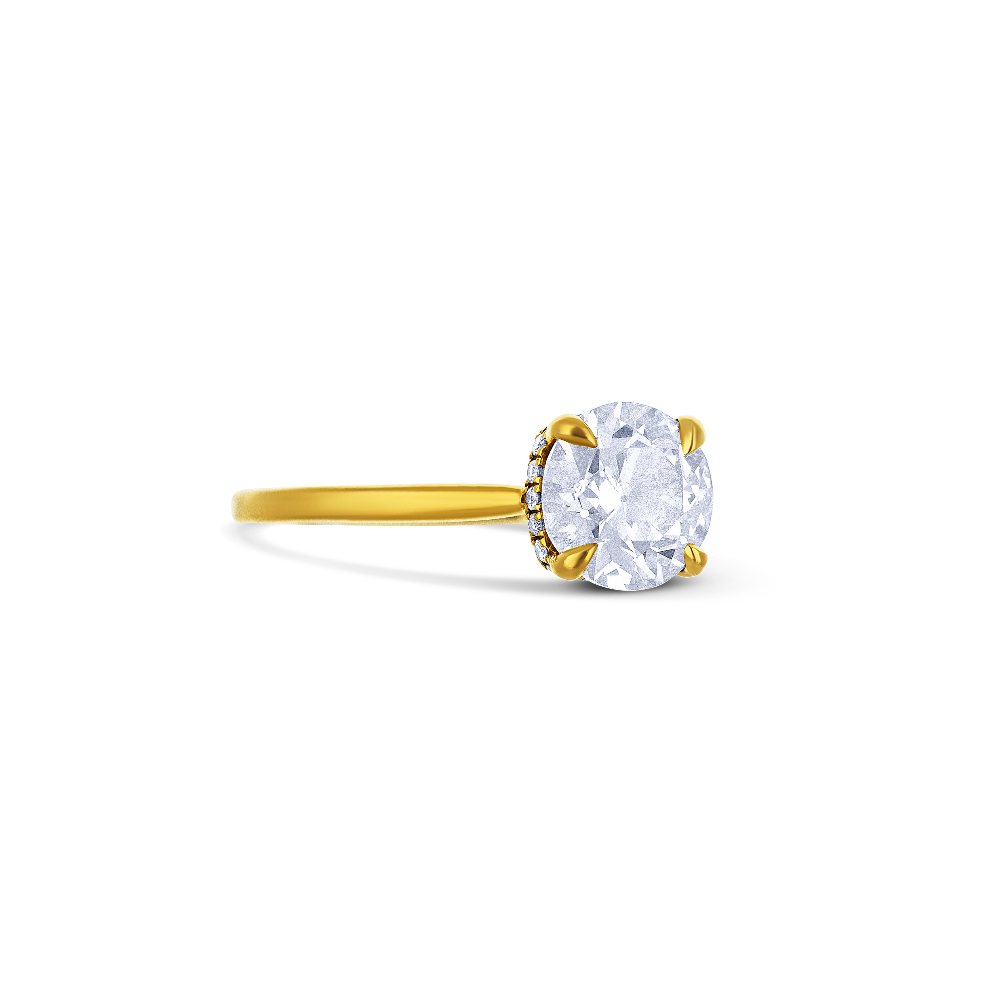 18K Yellow Gold Round Cut Diamond Engagement Ring with Diamond Basket Accent