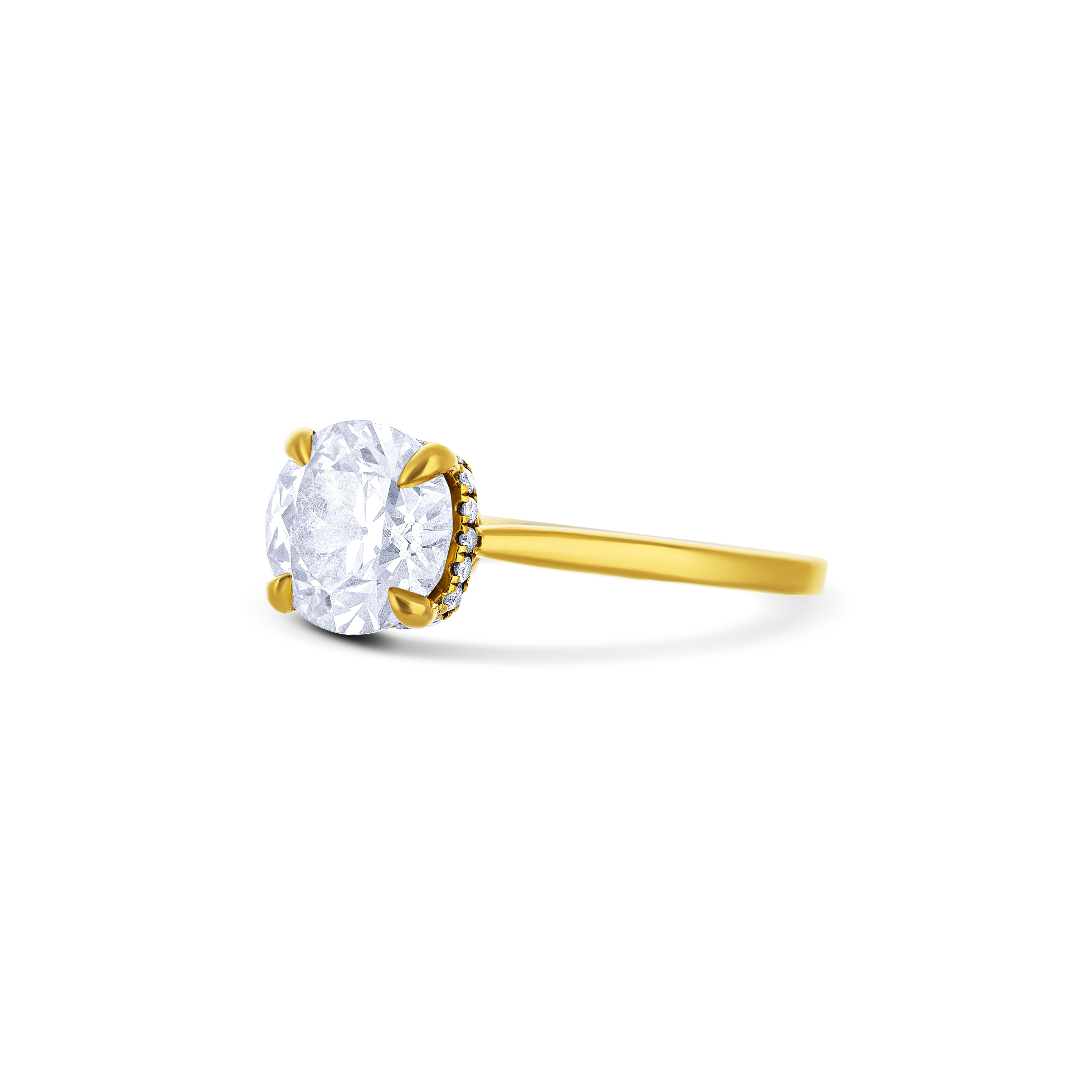 18K Yellow Gold Round Cut Diamond Engagement Ring with Diamond Basket Accent