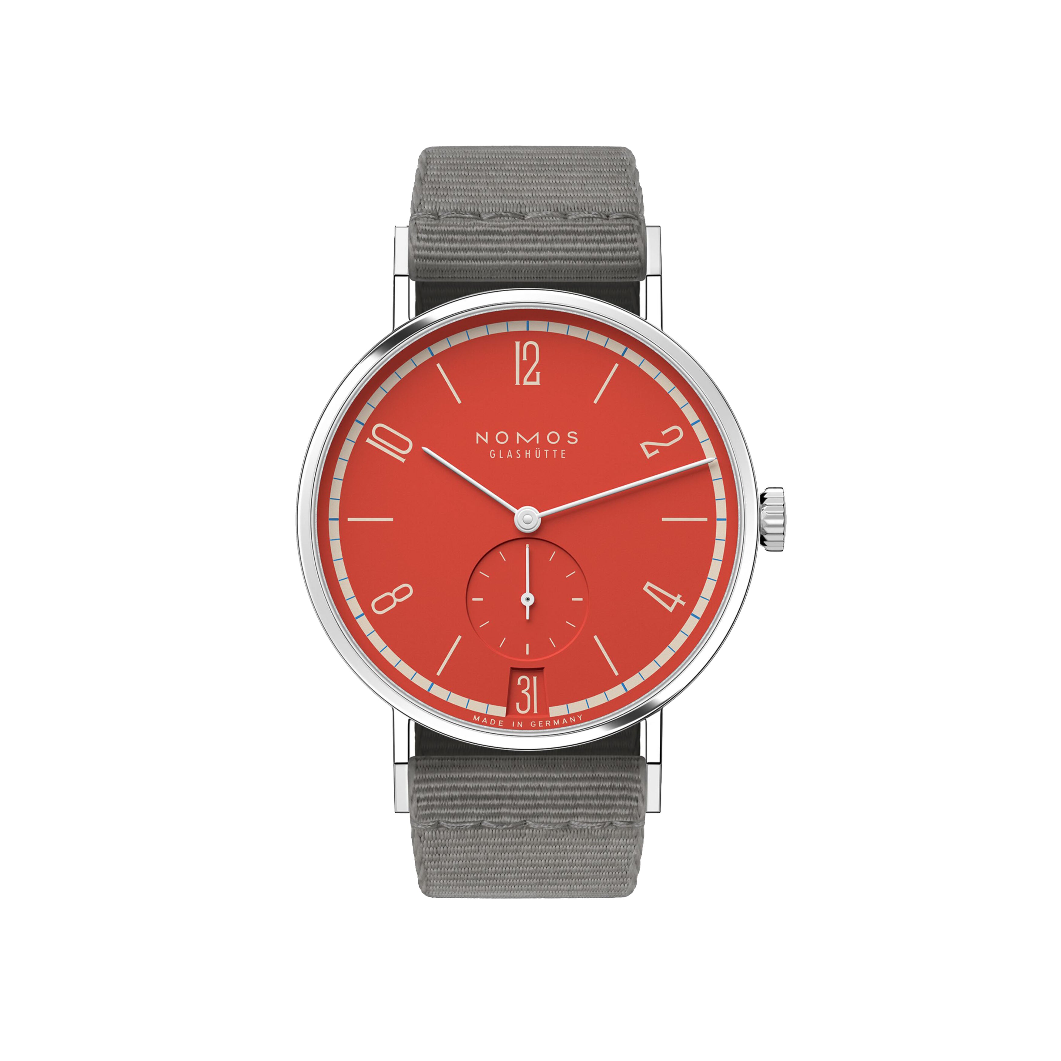 NOMOS GLASHUTTE TANGENTE 38 DATE RAMBAZAMBA WATCH, 37.5MM RED DIAL, 179.S14