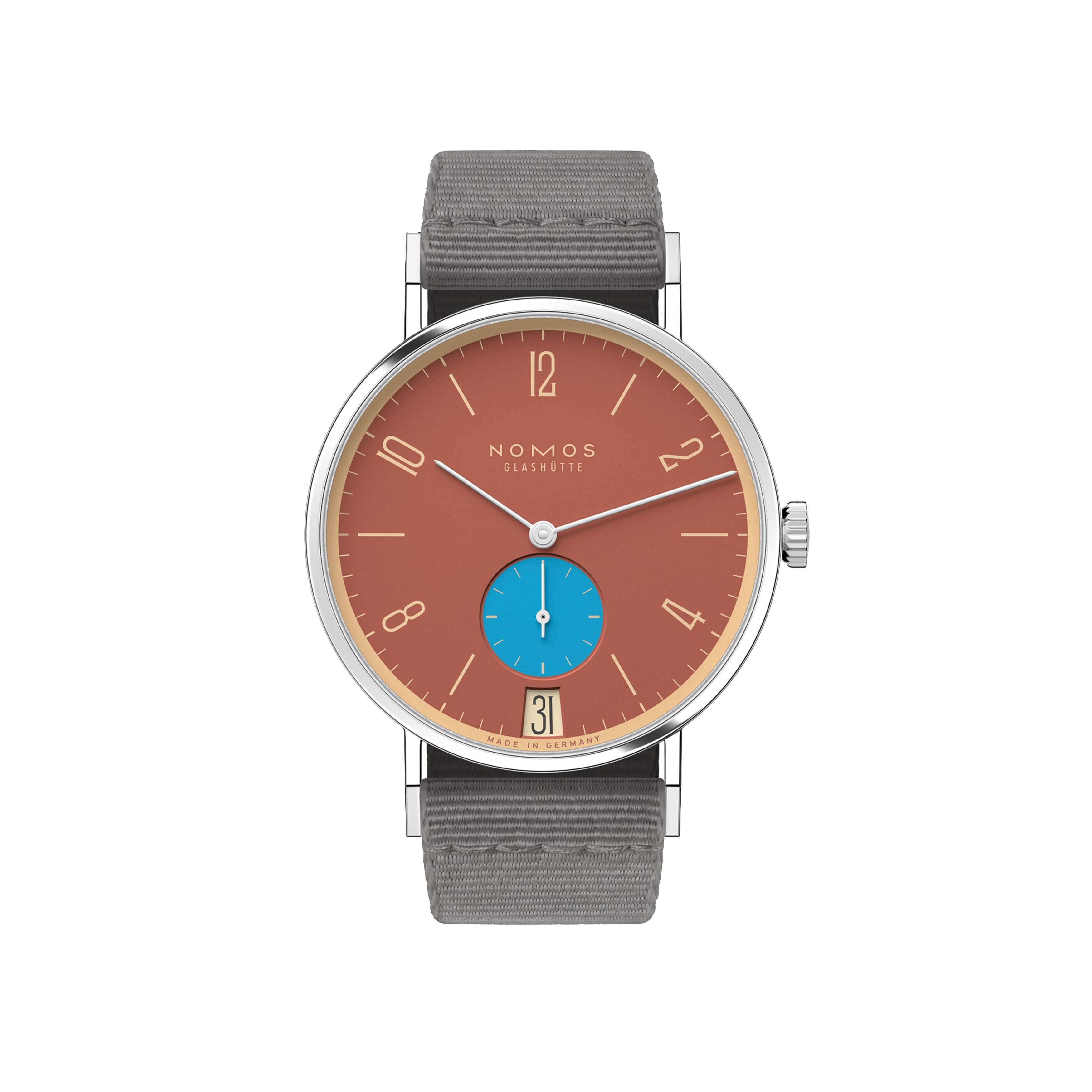 NOMOS TANGENTE 38 DATE ZIEGELBLAU WATCH, RED DIAL,