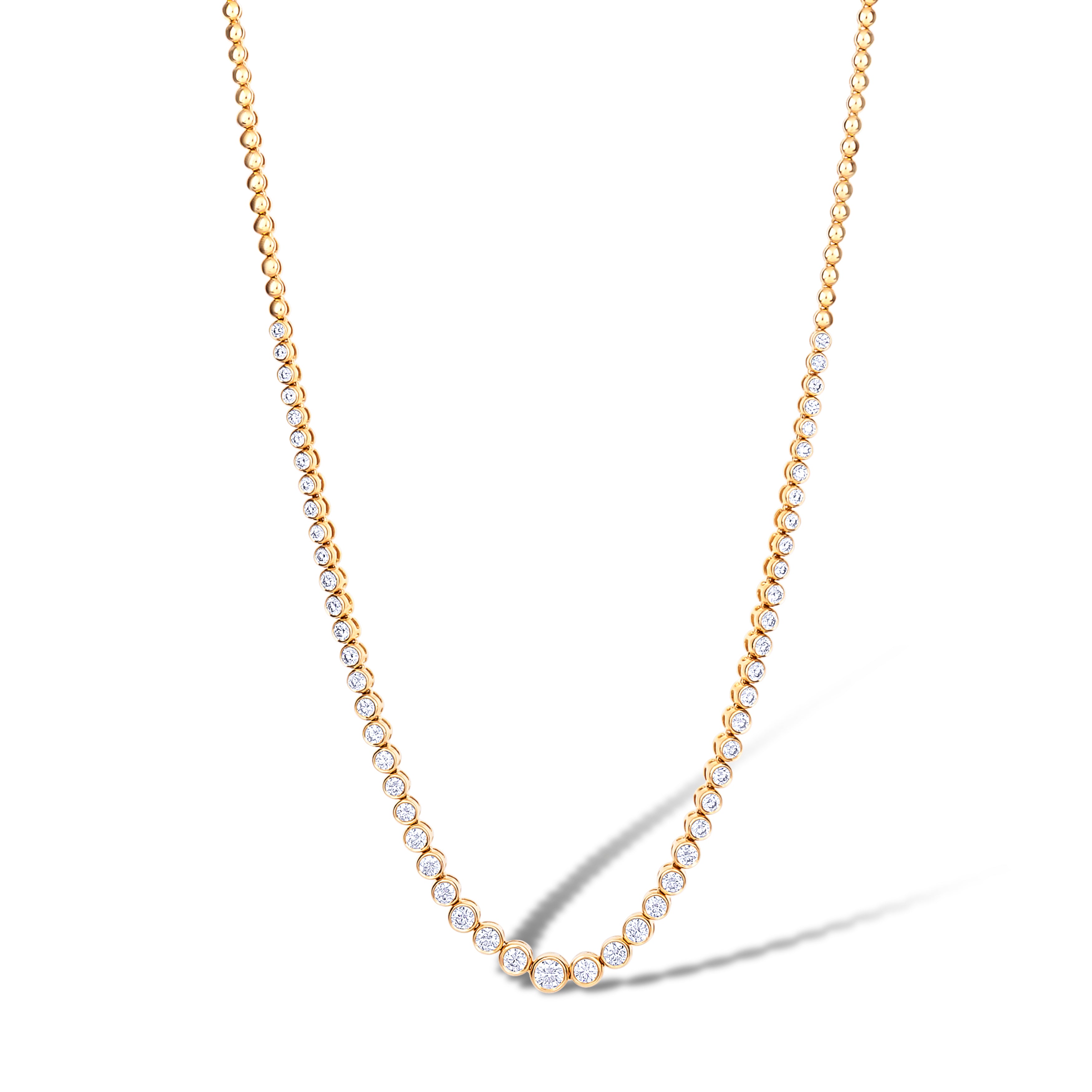 14K Yellow Gold Round Cut Diamond Half Bezel Set Tennis Necklace