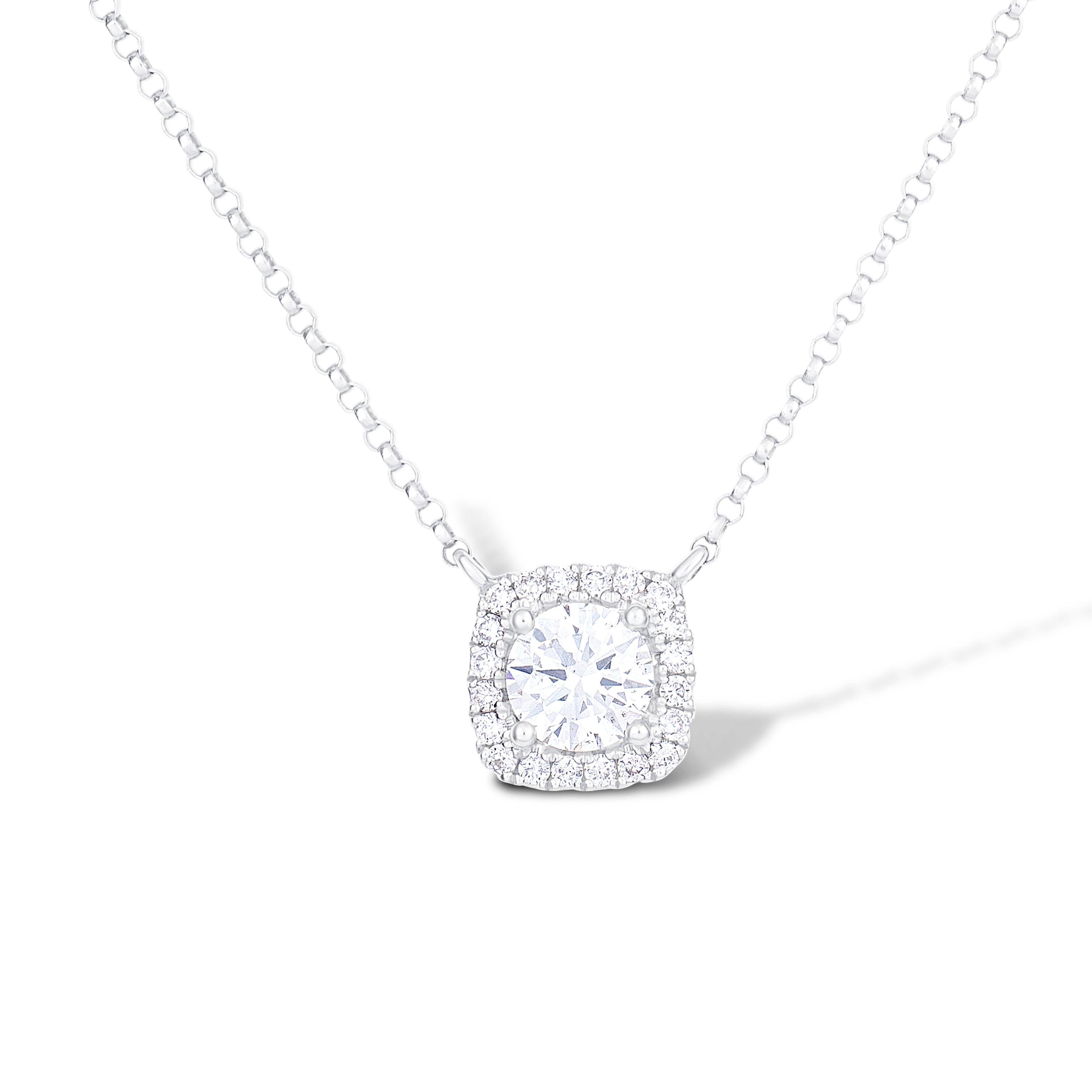18K White Gold Cushion Shape Halo Pendant with Round Center Diamond Necklace