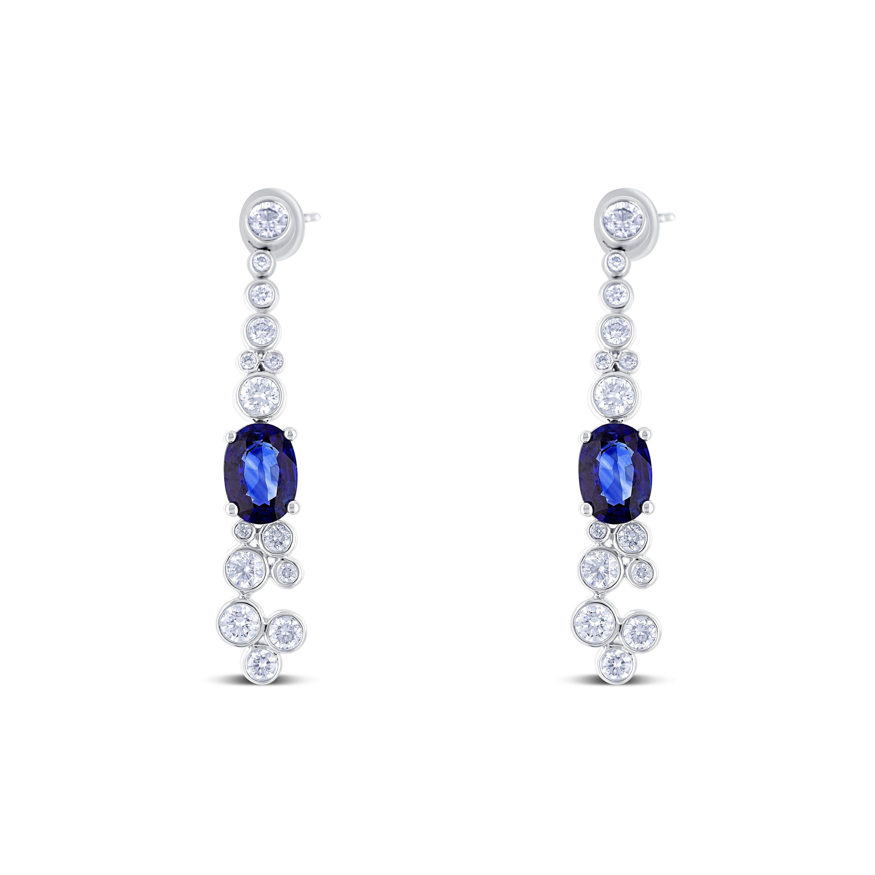 18K White Gold Oval Cut Sapphire and Round Cut Diamond Drop Earrings