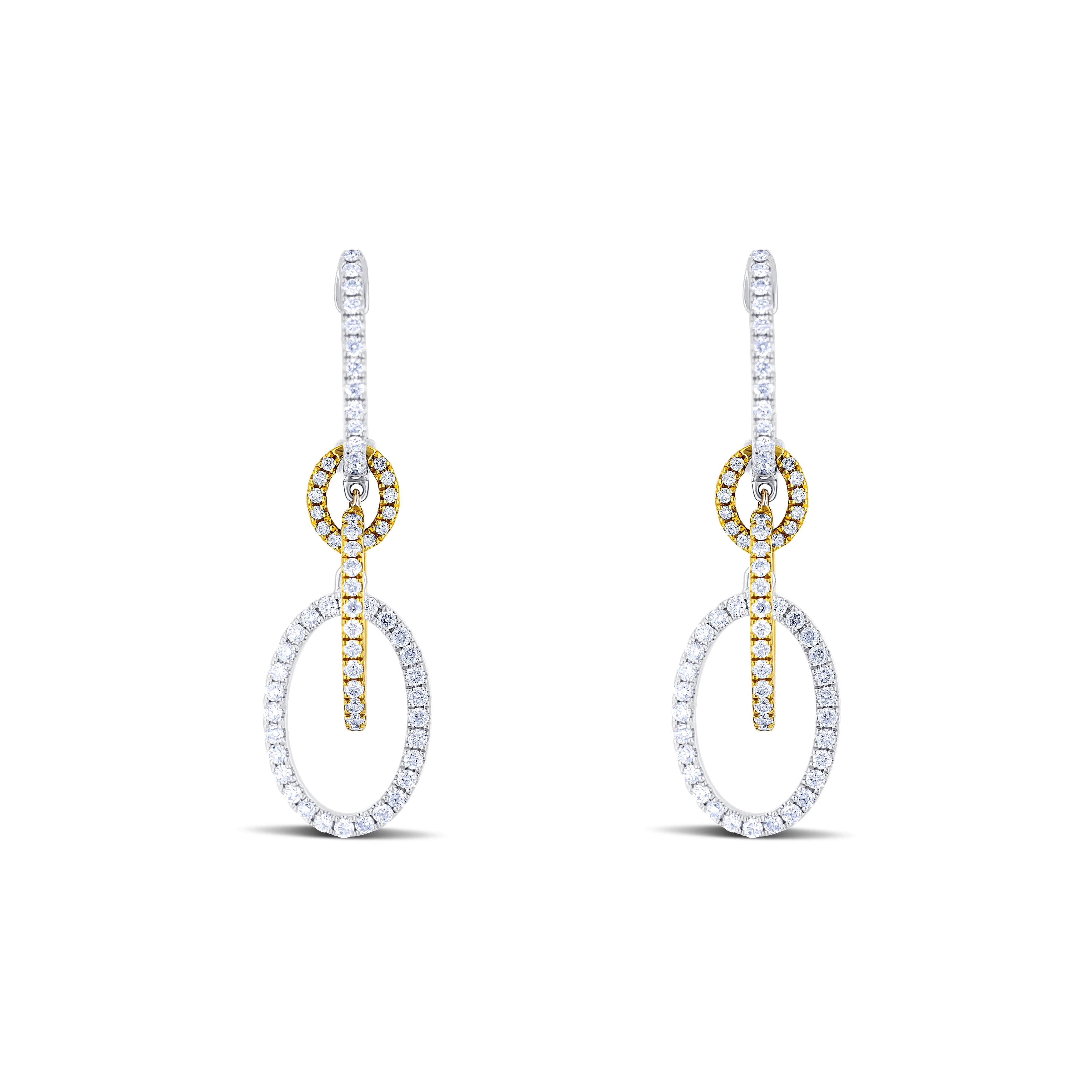 18K Two-Tone White and Yellow Gold Round Cut Diamond Link Drop Earrings