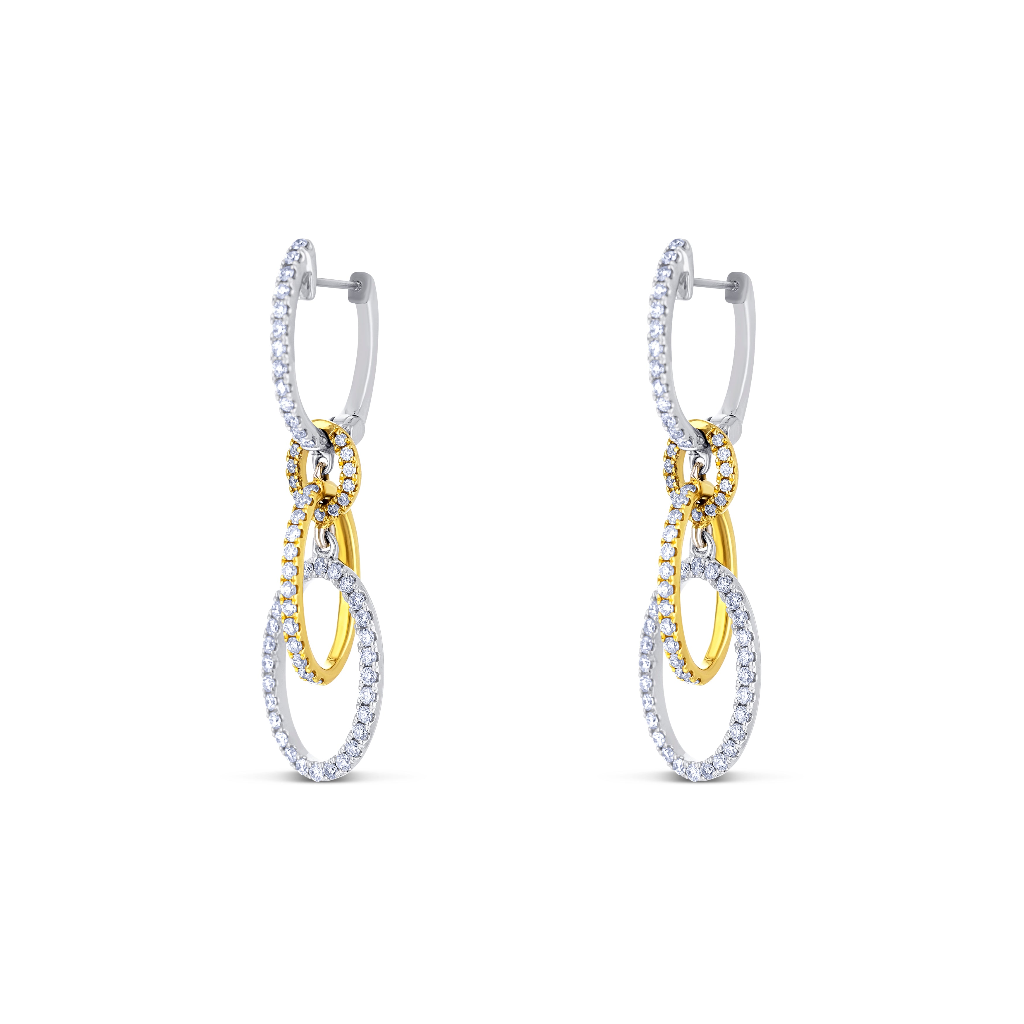 18K Two-Tone White and Yellow Gold Round Cut Diamond Link Drop Earrings