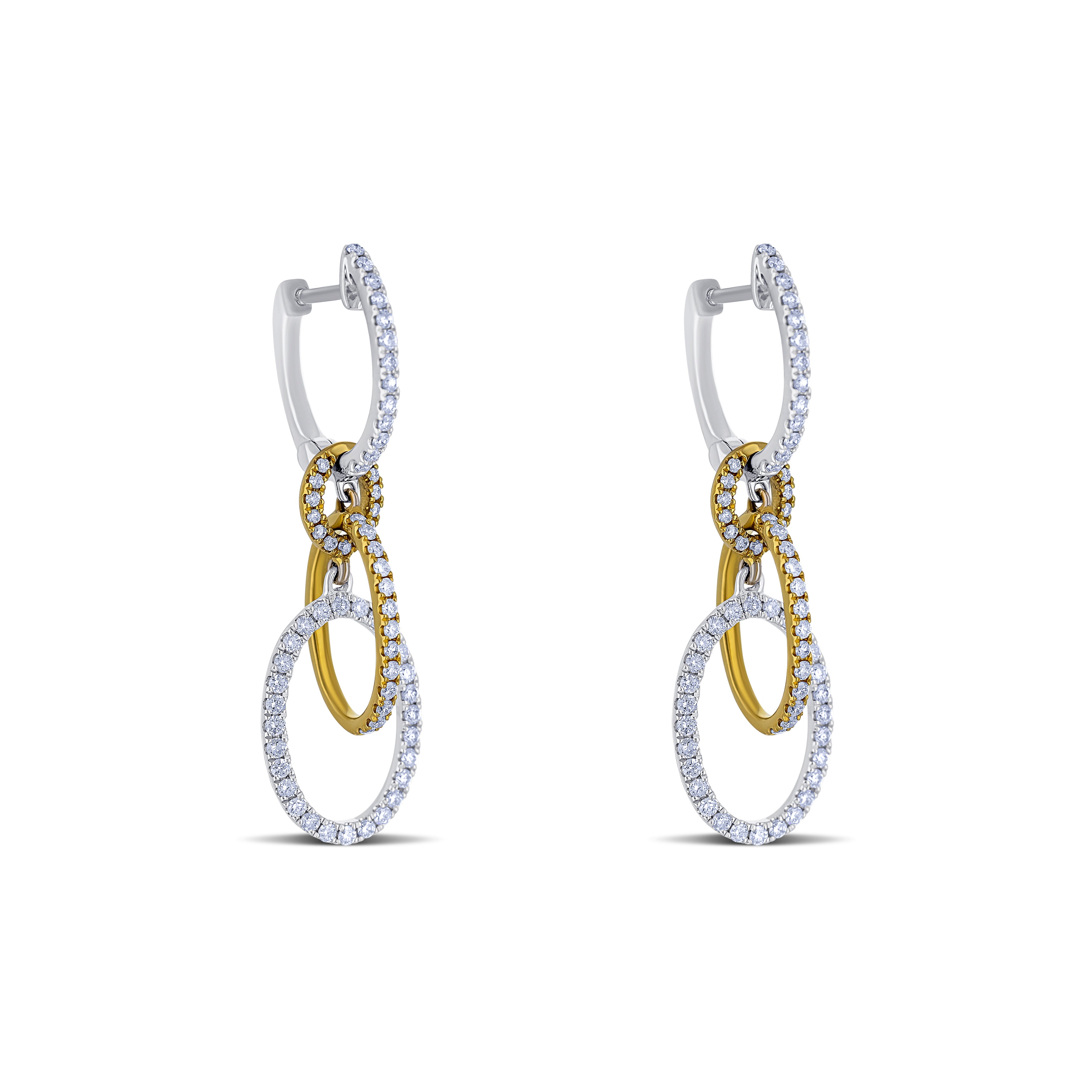 18K Two-Tone White and Yellow Gold Round Cut Diamond Link Drop Earrings