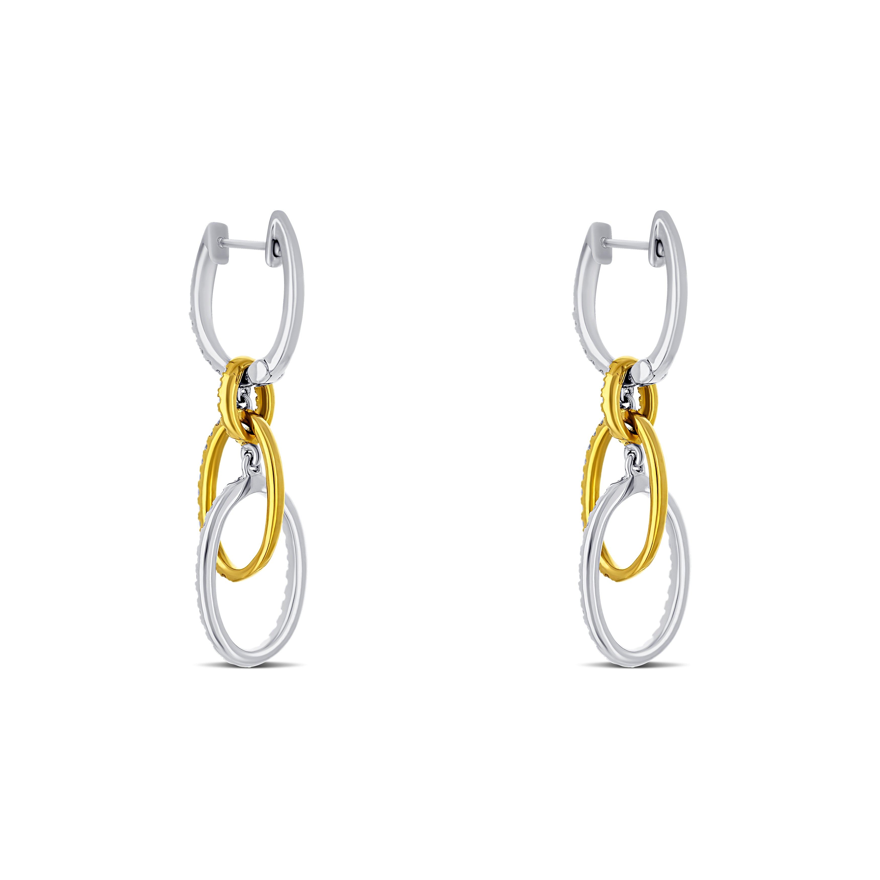 18K Two-Tone White and Yellow Gold Round Cut Diamond Link Drop Earrings