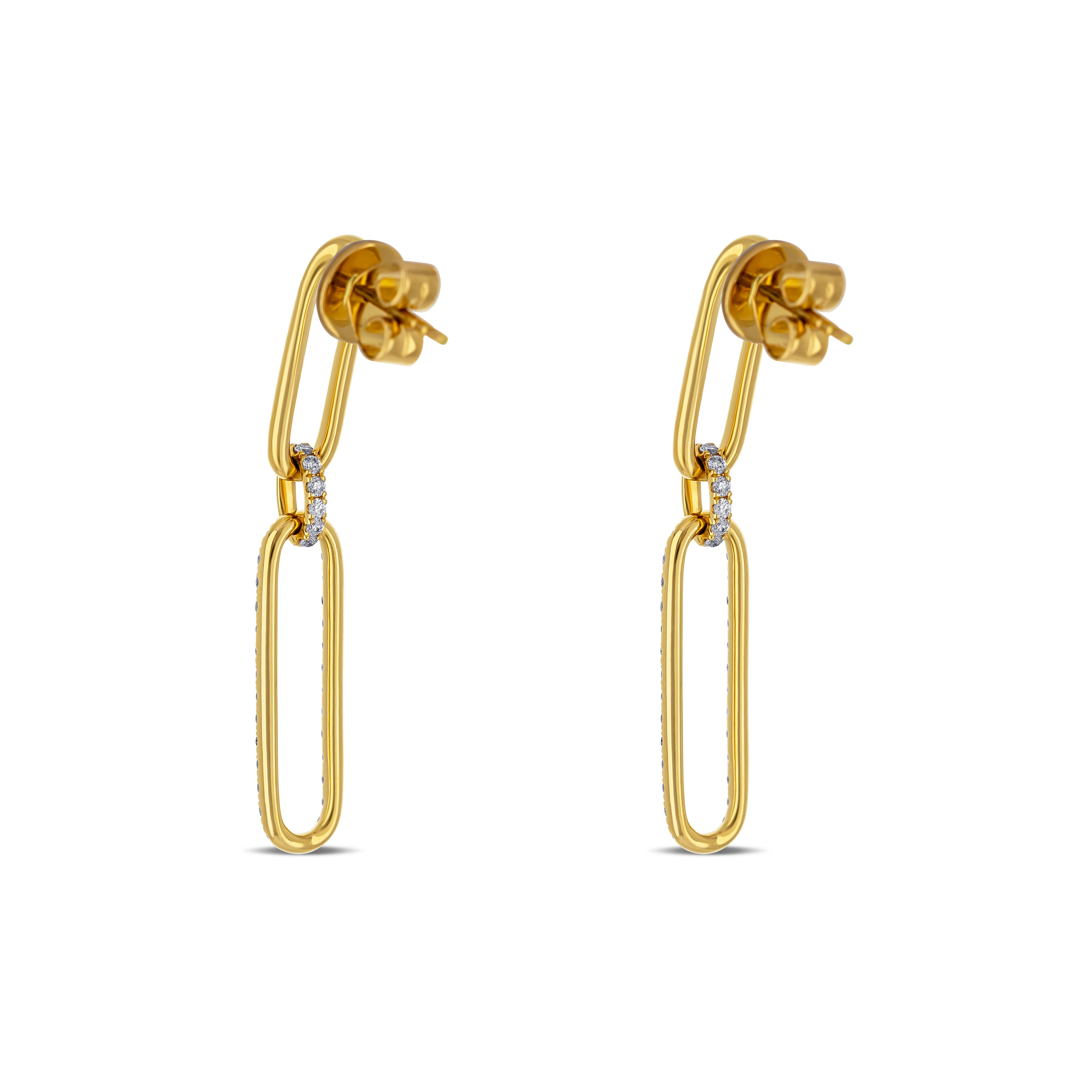 18K Yellow Gold Round Cut Paperclip Diamond Drop Earrings