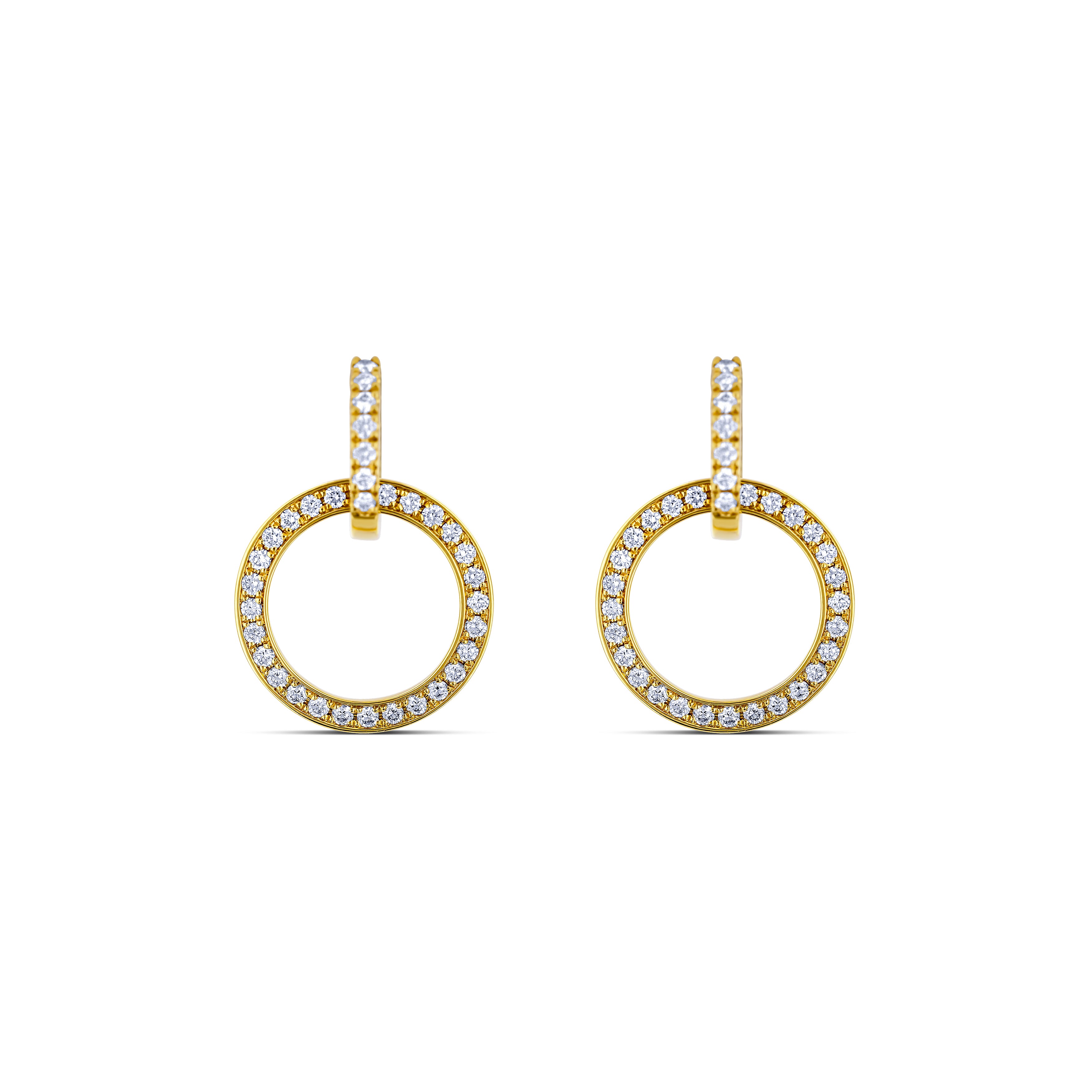 18K Yellow Gold Circle Diamond Drop Earrings