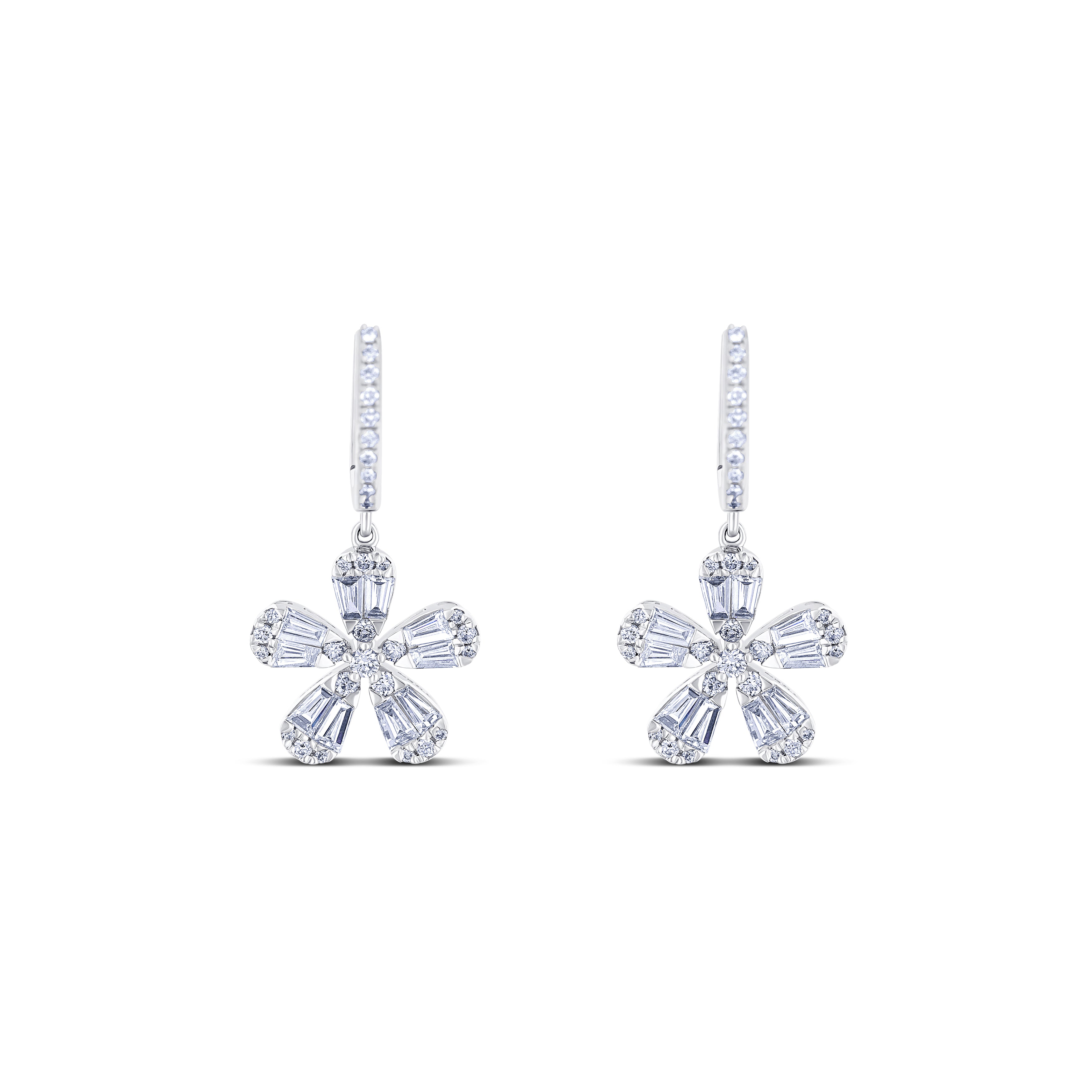 18K White Gold Baguette Cut and Round Cut Flower Deisgn Diamond Drop Earrings